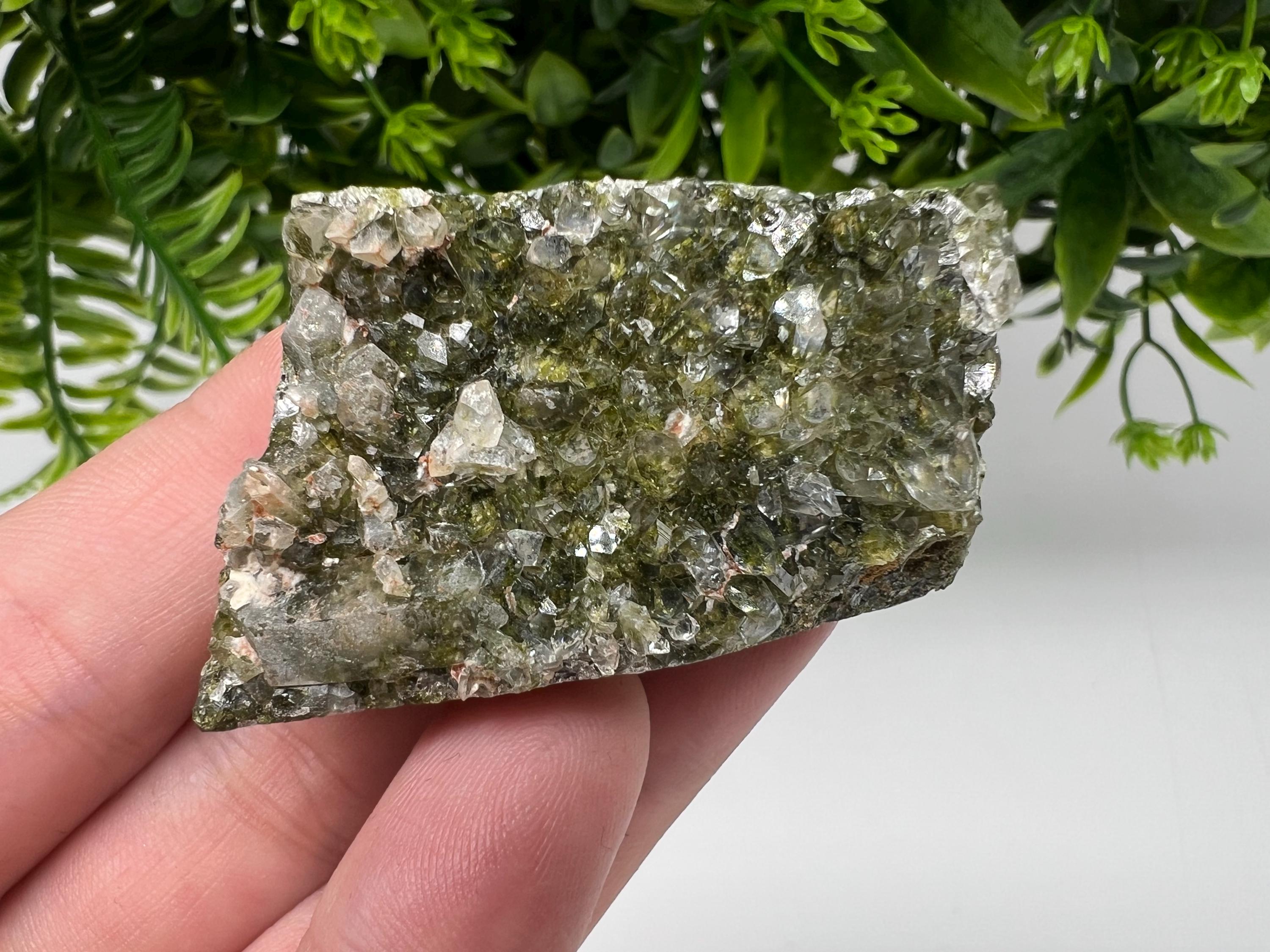 Rare Green Epidote with Quartz Crystals: Sparkly Rainbow Mineral Decor
