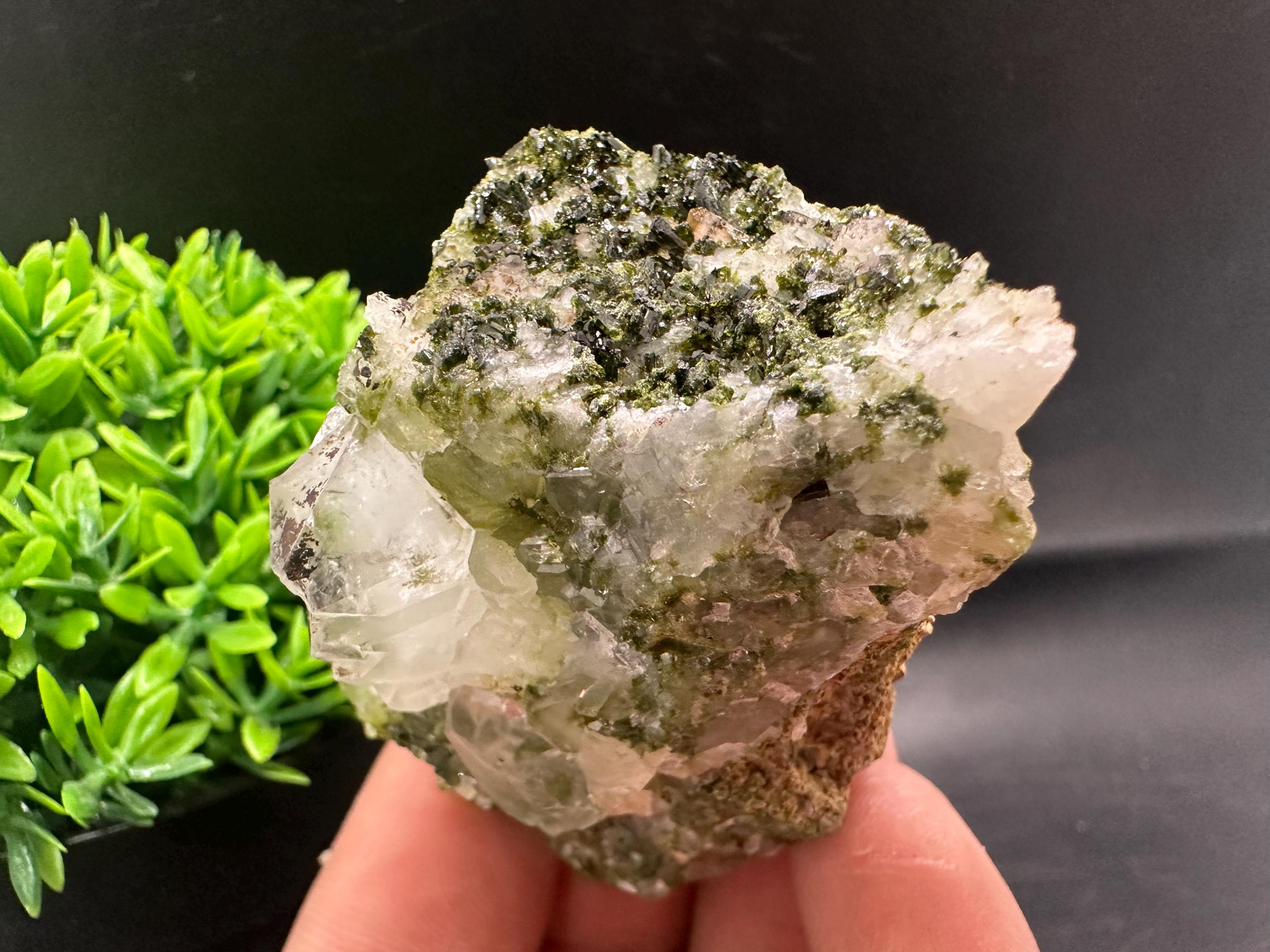 Rare Green Epidote with Quartz Crystals: Sparkly Rainbow Mineral Decor