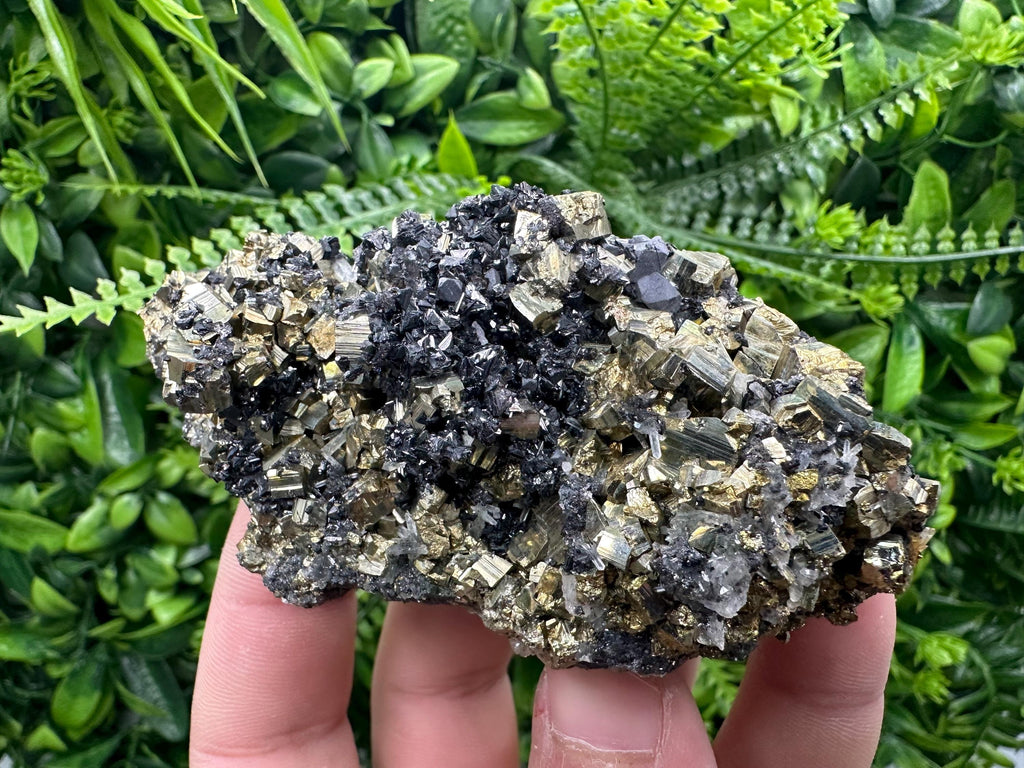 Rainbow Pyrite Cluster on Sphalerite, Quartz, Borieva Mine
