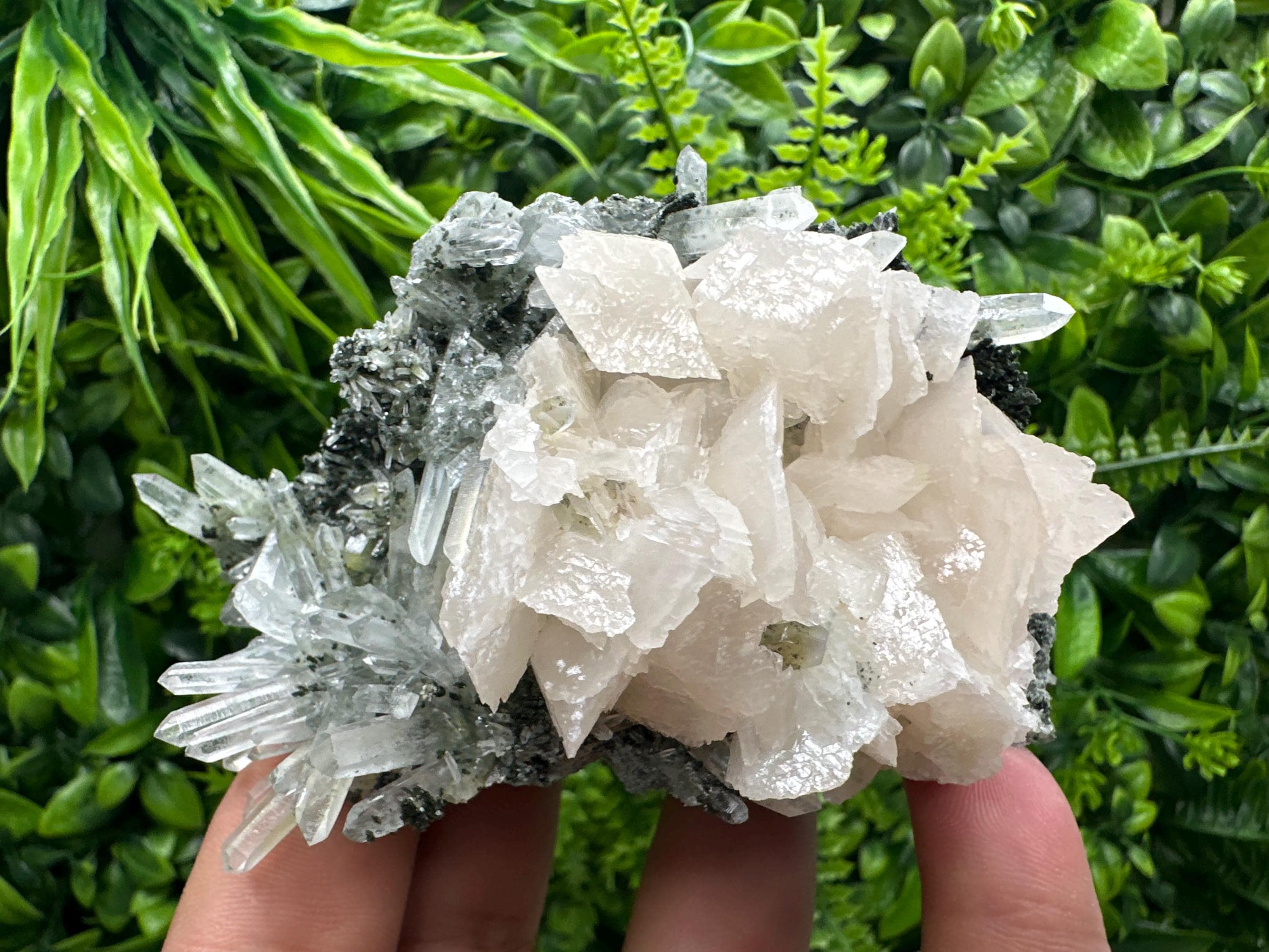 Calcite on Quartz with Chlorite, Borieva Mine Mineral Specimen
