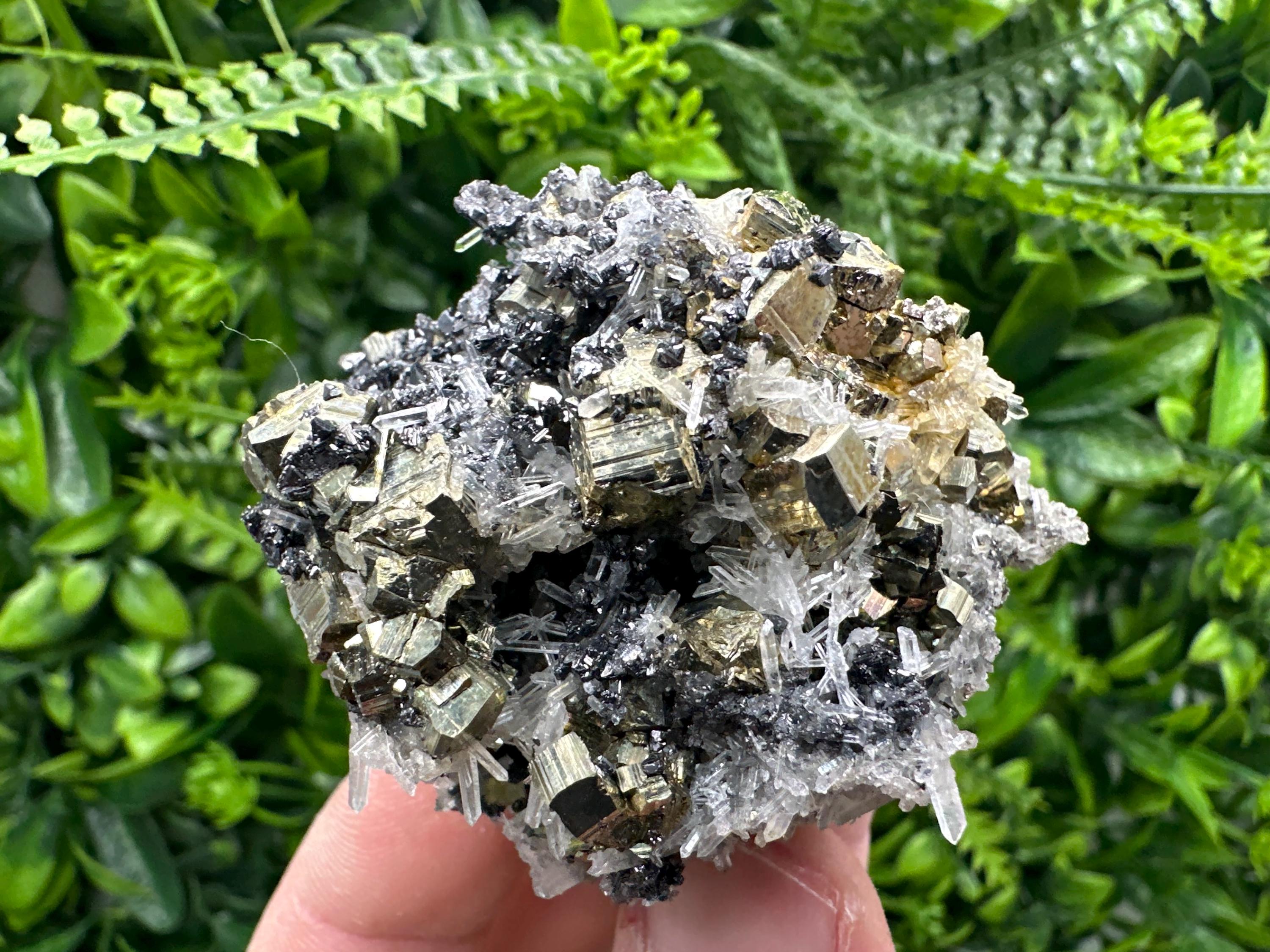 Rainbow Pyrite Cluster on Sphalerite Quartz, Borieva Mine Mineral Specimen