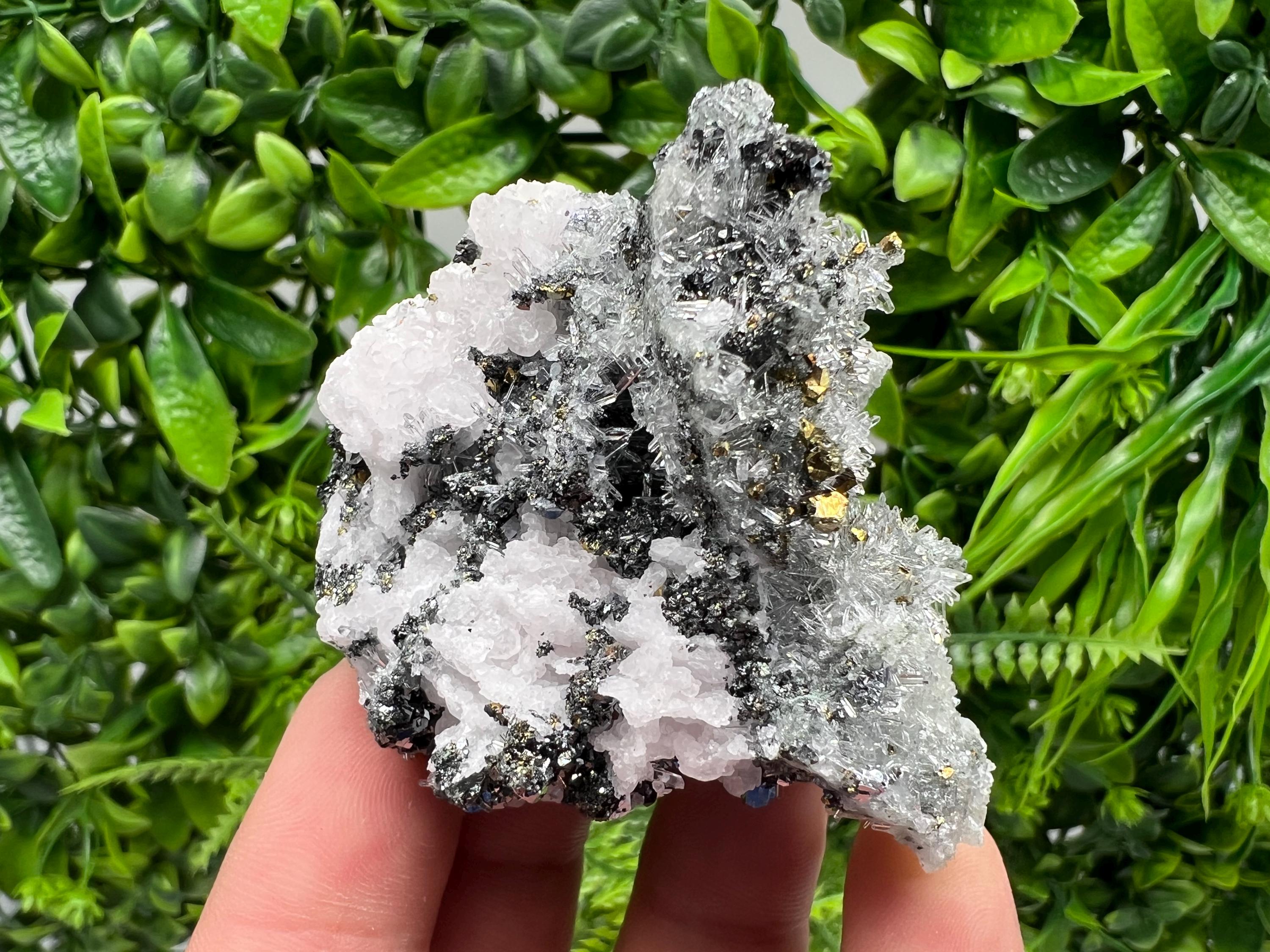Stunning Cgalcopyrite,Galena,Sphalerite,Calcite,on needle Quartz from Borieva mine,Madan,Bulgaria,natural,collectible mineral specimen,gift