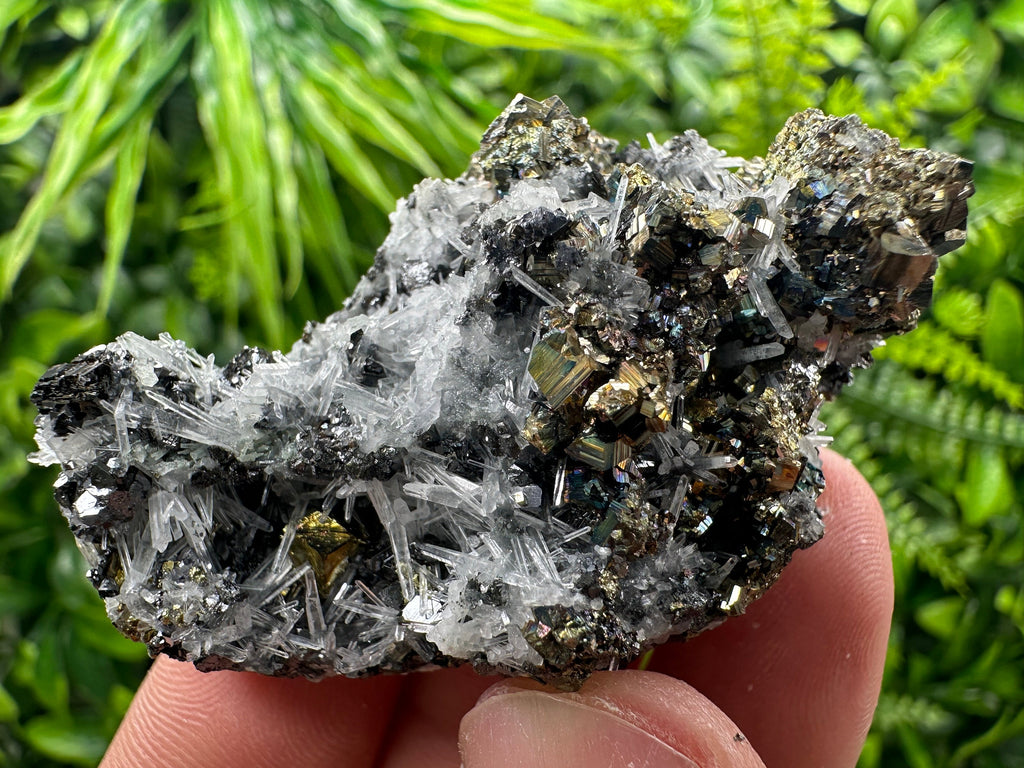 Rainbow Pyrite Sphalerite on Quartz: Natural Crystal Home Decor