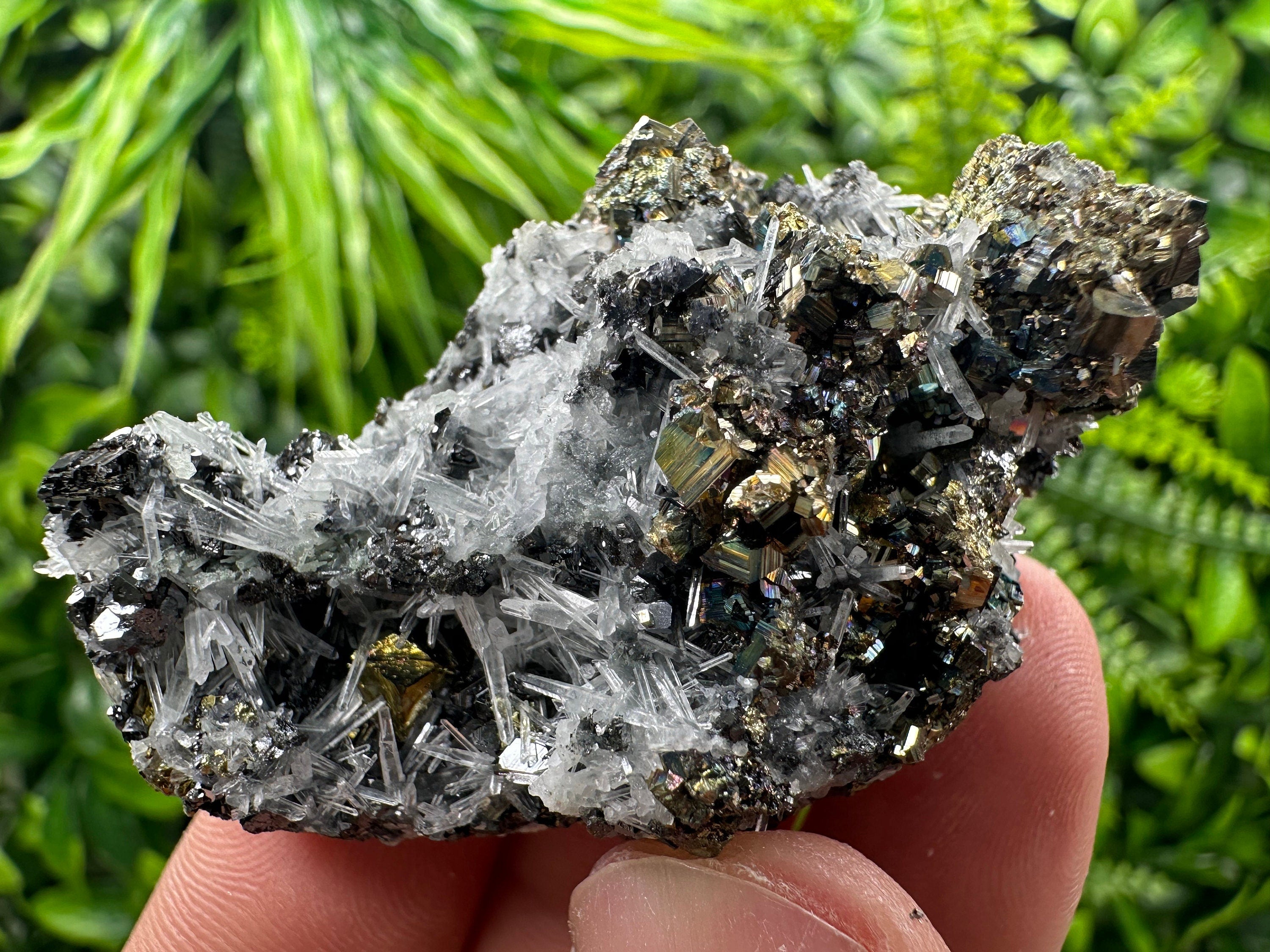 Rainbow Pyrite Sphalerite on Quartz: Natural Crystal Home Decor