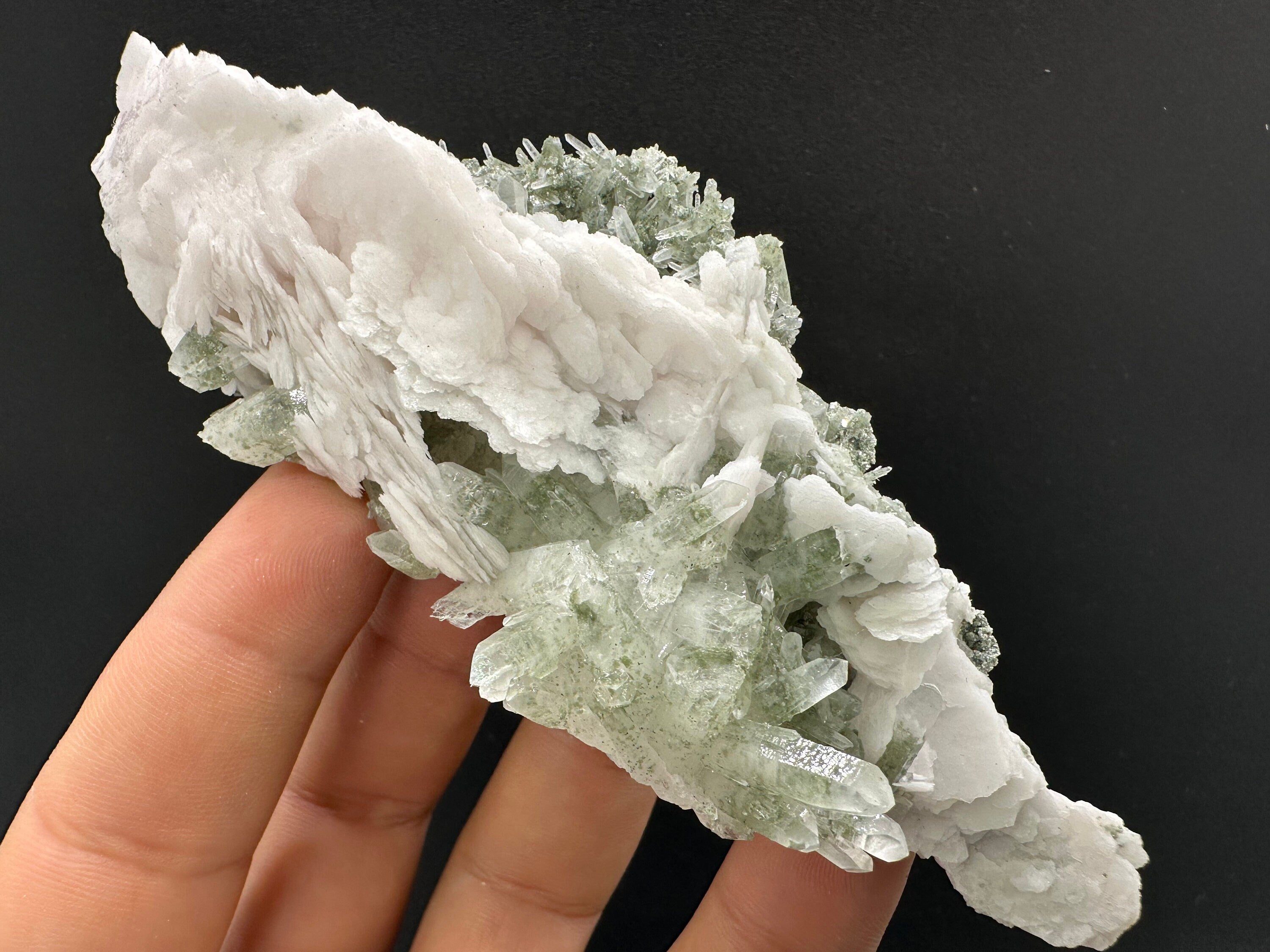 Calcite on Green Quartz: Borieva Mine Crystal Decor