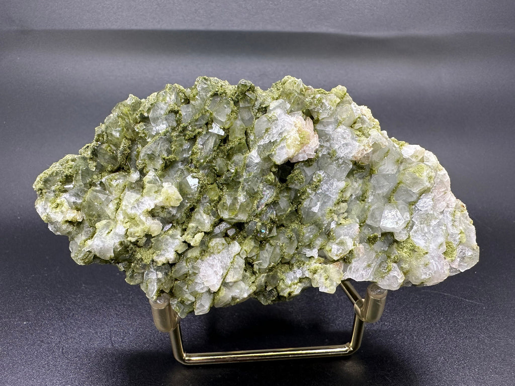 Rare Green Epidote with Quartz Crystals: Sparkly Rainbow Mineral Decor