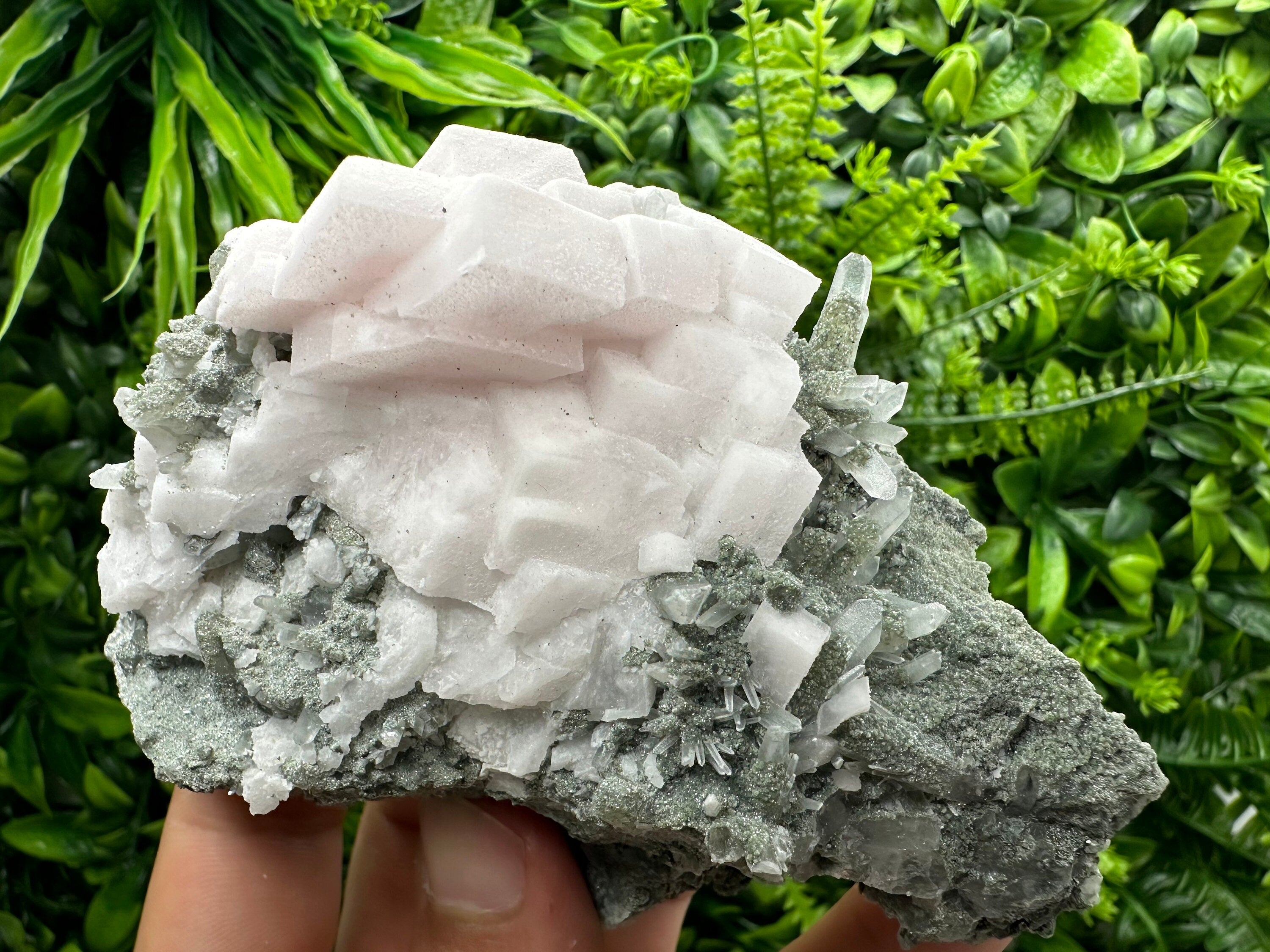 Mangano Calcite on Quartz with Chlorite, Borieva Mine Mineral Specimen