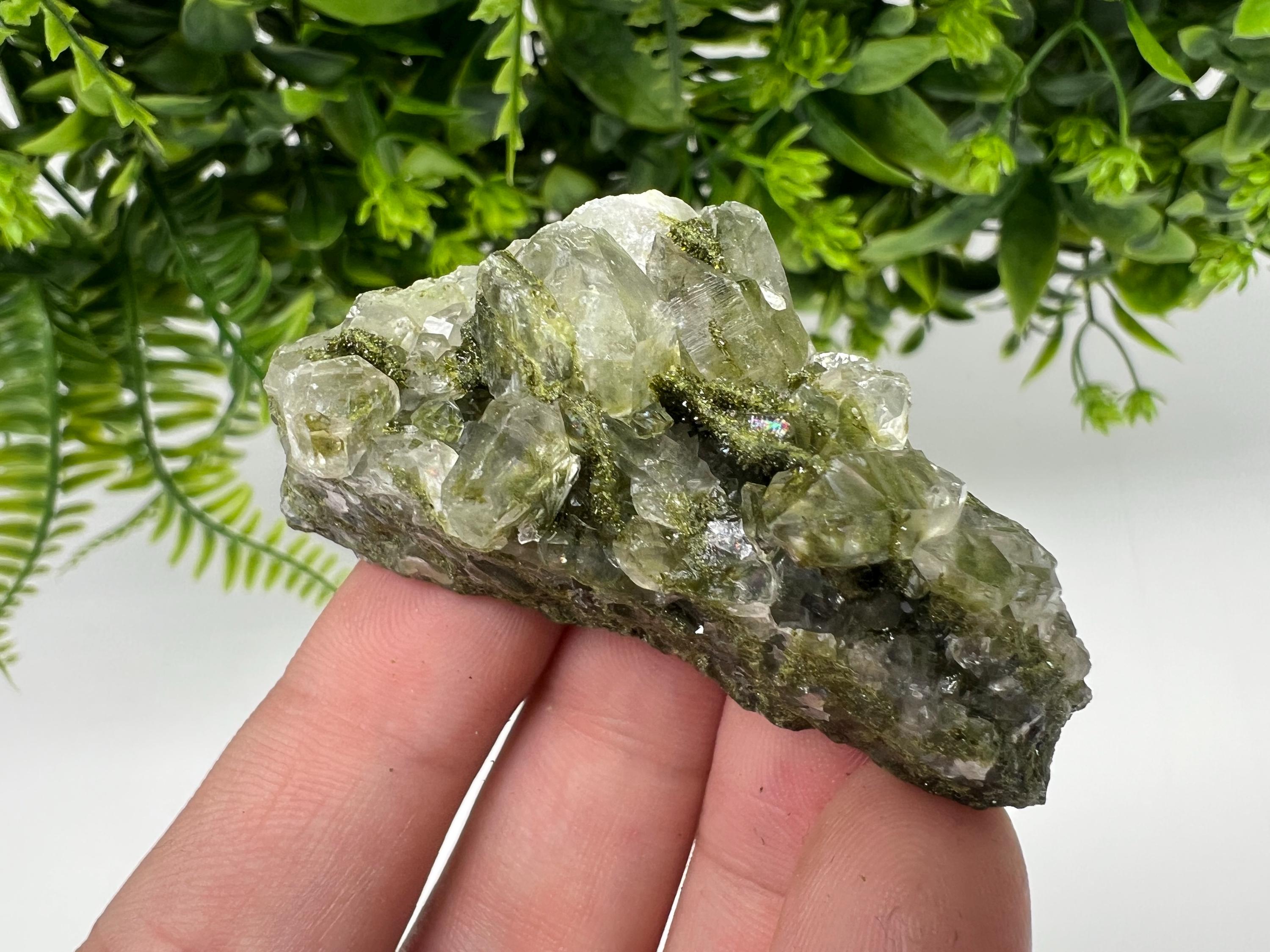Green Epidote with Quartz Crystals: Sparkly Rainbow Stone, Turkey