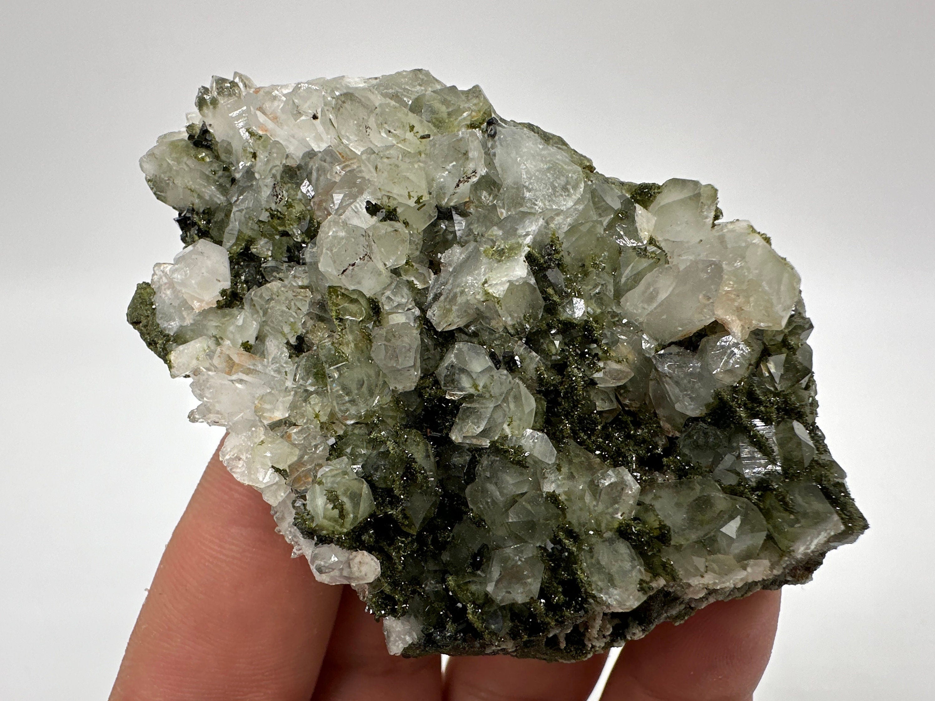 Rare Green Epidote with Quartz Crystals, Rainbow Sparkle, Turkey Mineral Specimen