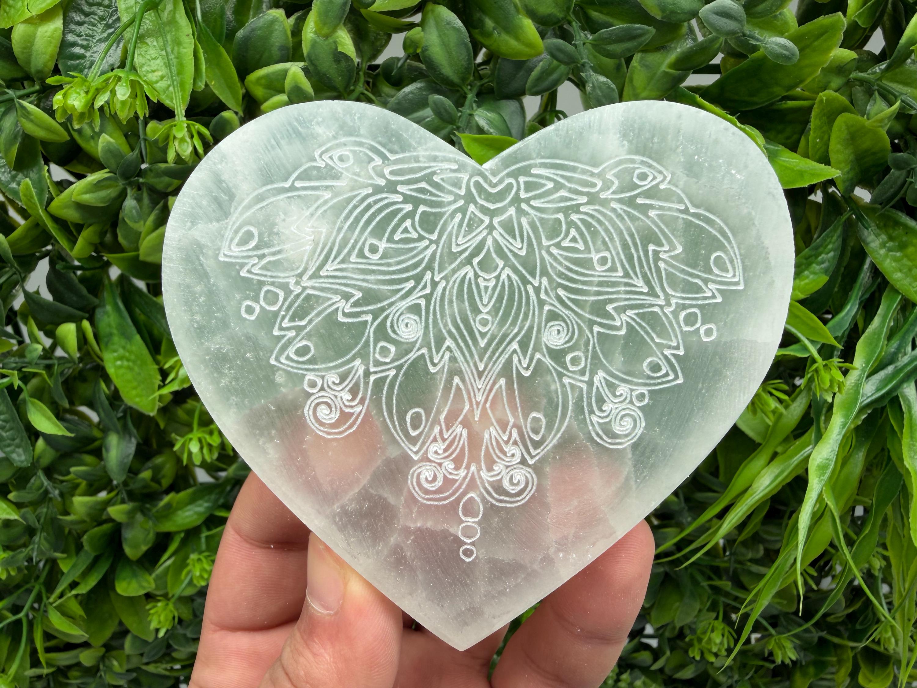 Selenite Heart Charging Plate with Lotus Flower Engraving – Crystal Altar Decor