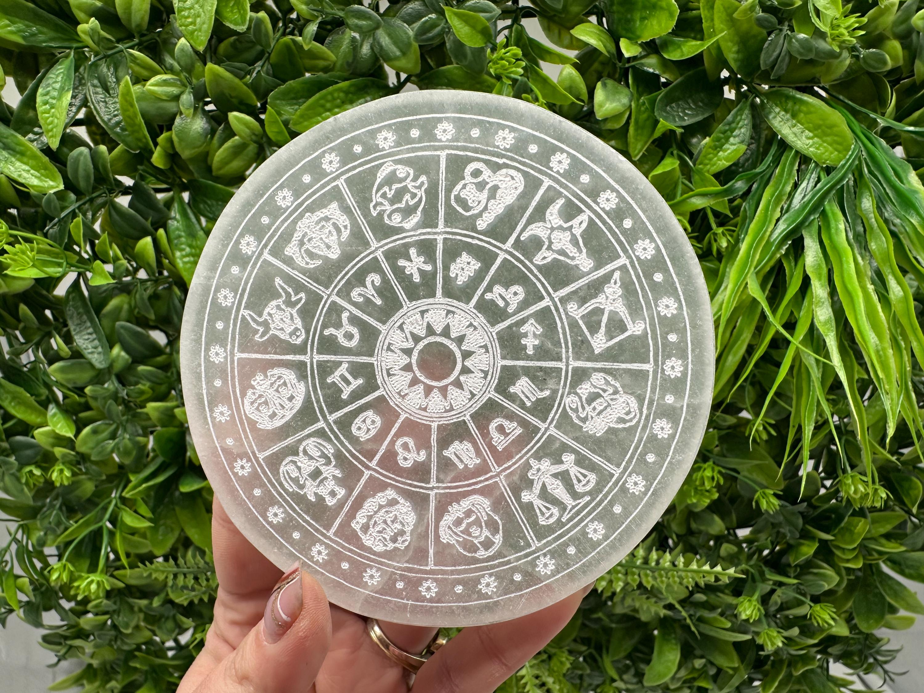 Natural Selenite Zodiac Disc (12cm): Engraved Crystal Decor