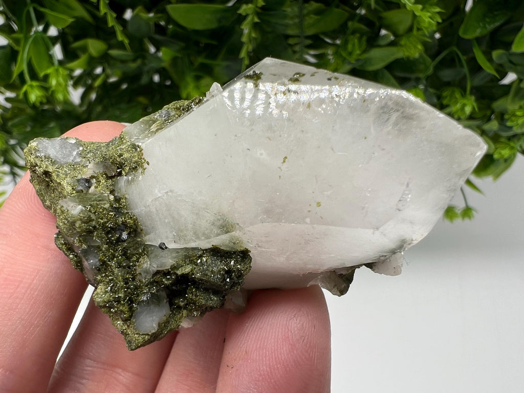 Rare Green Epidote with Quartz Crystals, Sparkly Rainbow Stone, Turkey