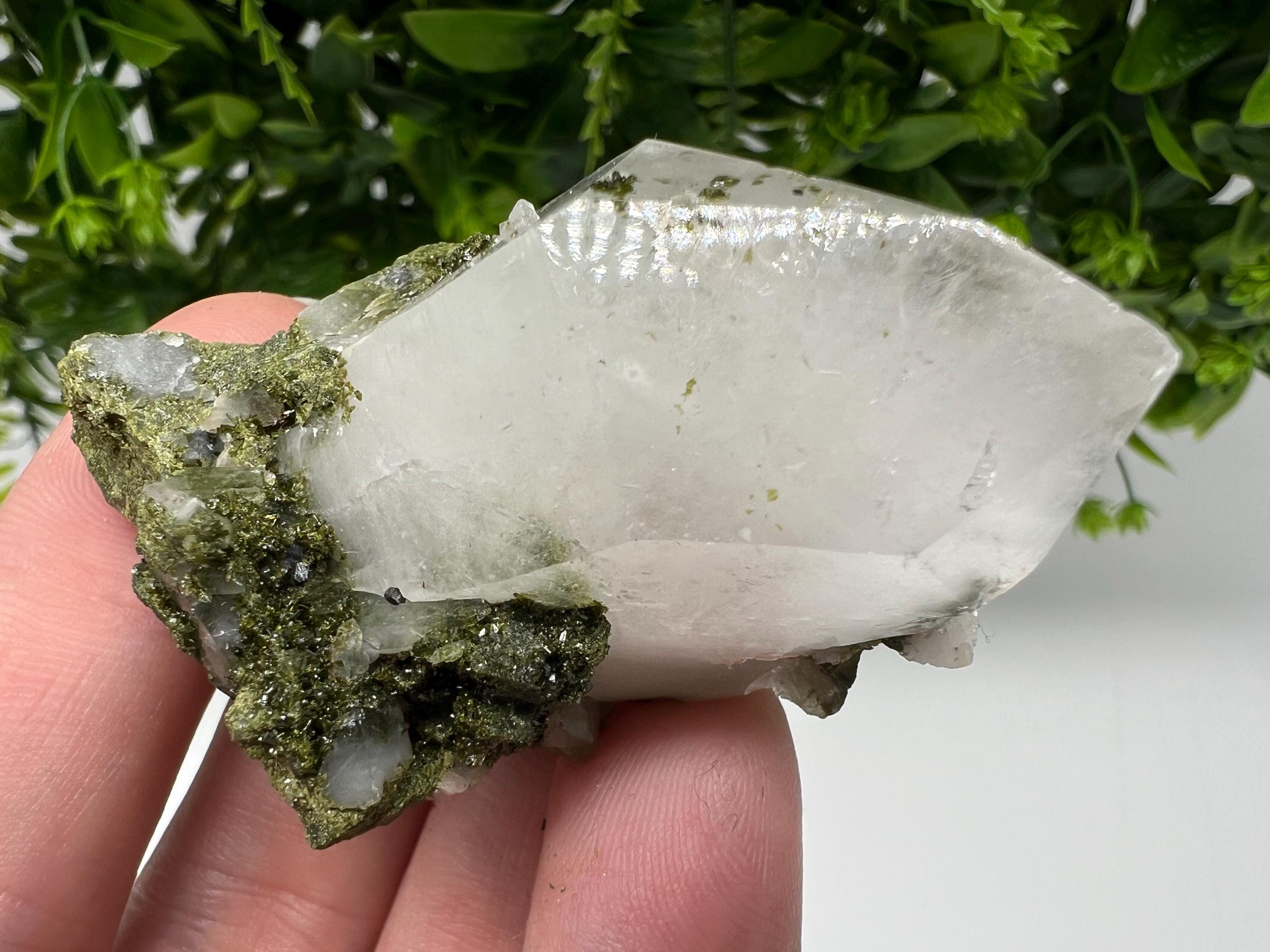 Rare Green Epidote with Quartz Crystals, Sparkly Rainbow Stone, Turkey
