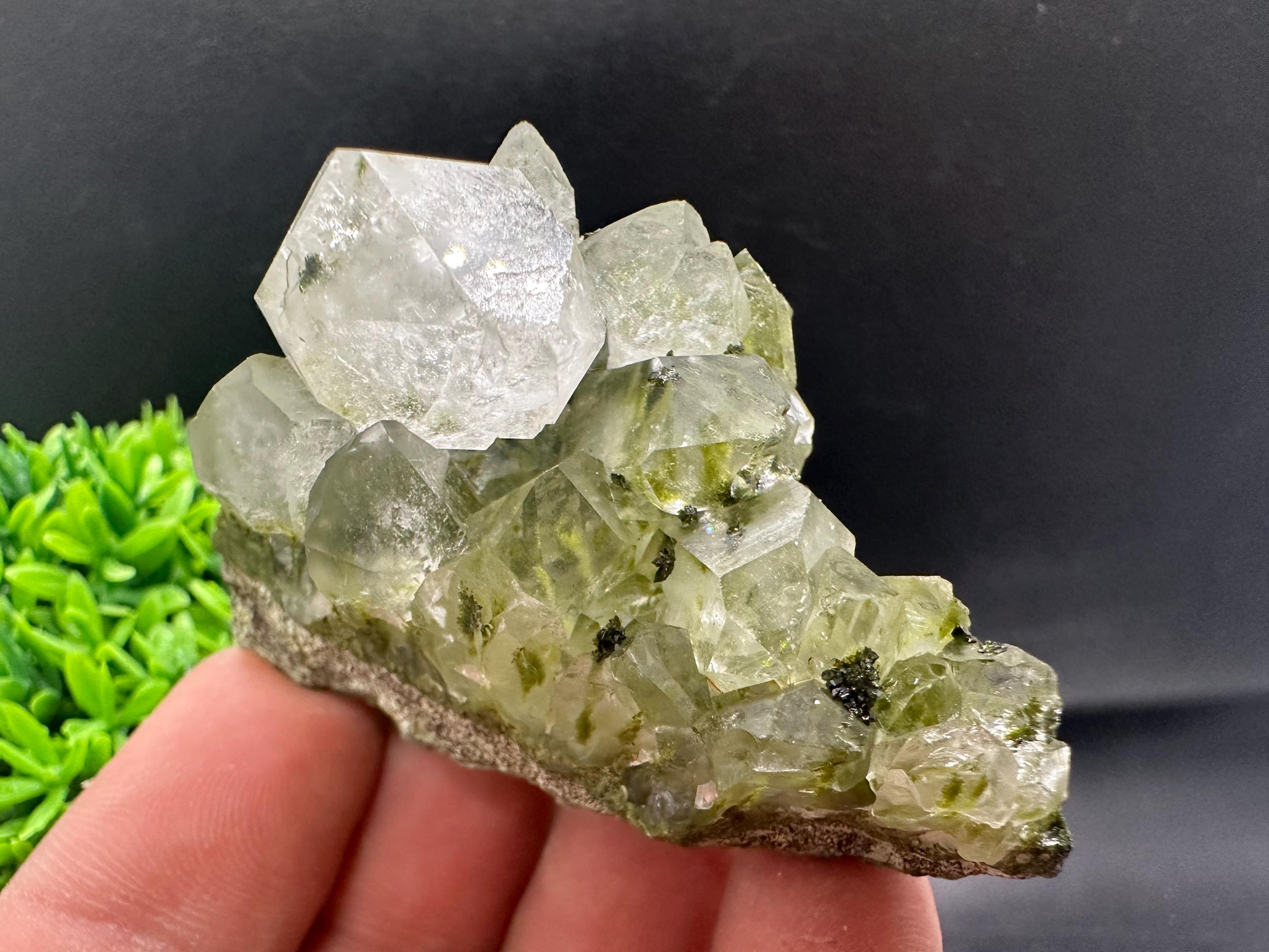 Rare Green Epidote with Quartz Crystals: Sparkly Rainbow Mineral Decor