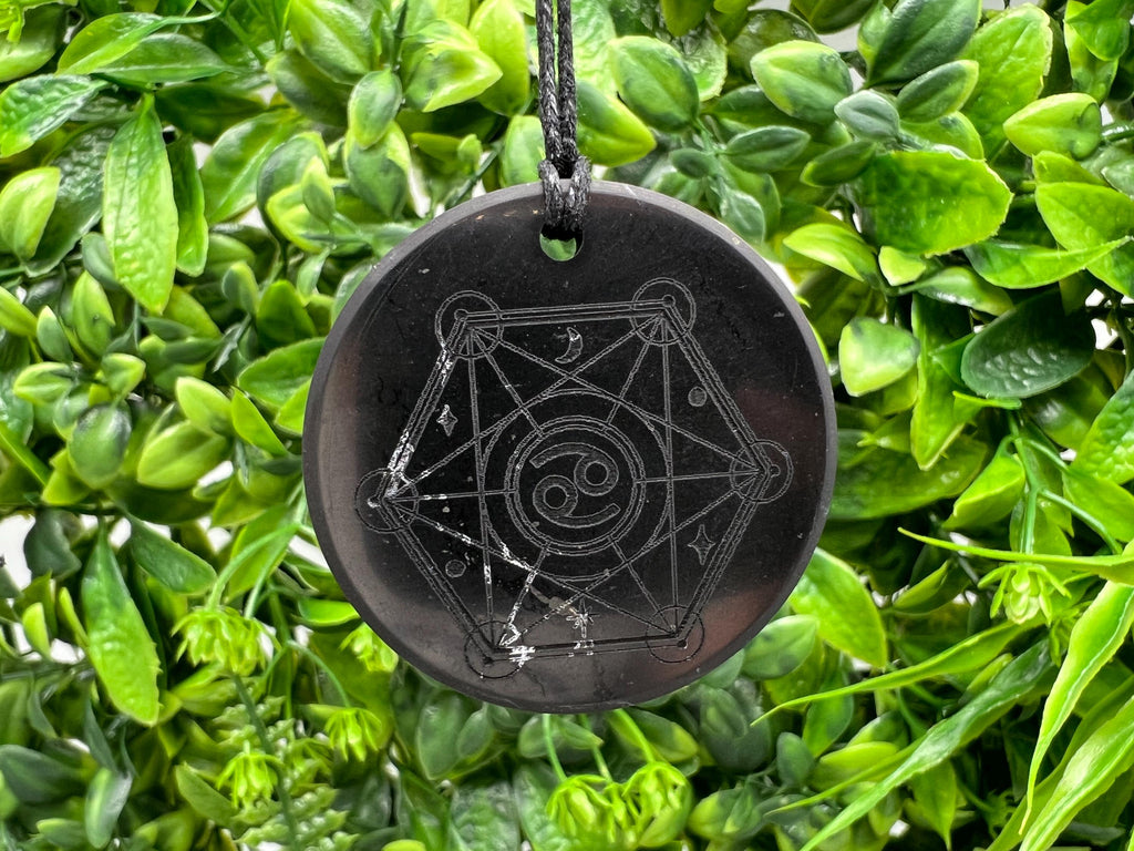Shungite Zodiac Cancer Pendant Necklace: EMF Protection Healing Stone