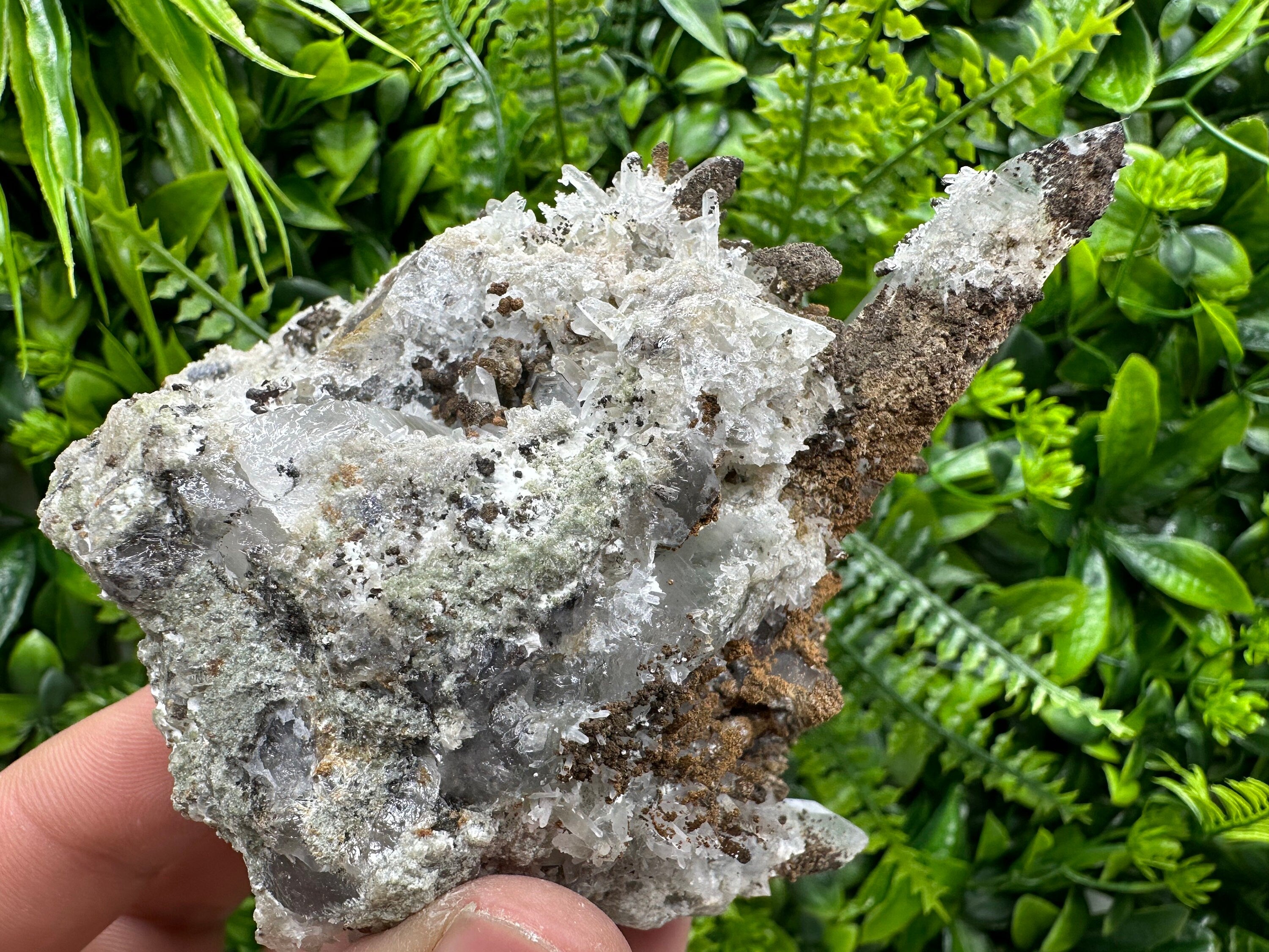 Quartz Crystal Specimen: Smoky, Clear, Chalcopyrite, Siderite, Calcite