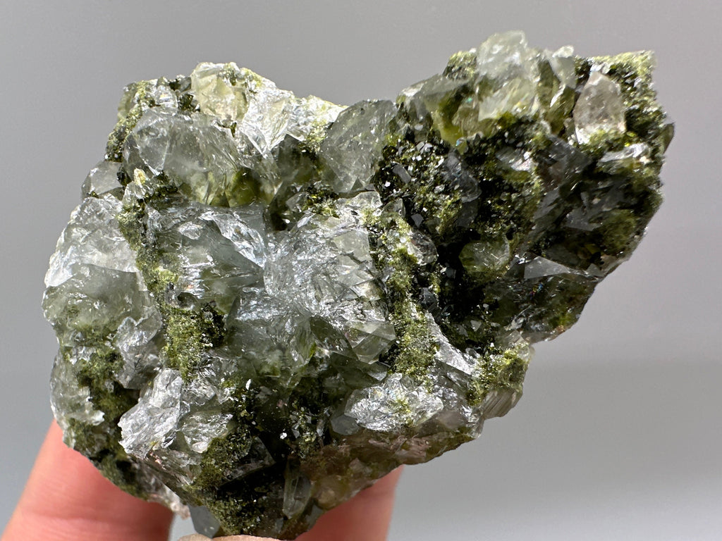 Rare Green Epidote with Quartz Crystals: Sparkly Rainbow Mineral Decor