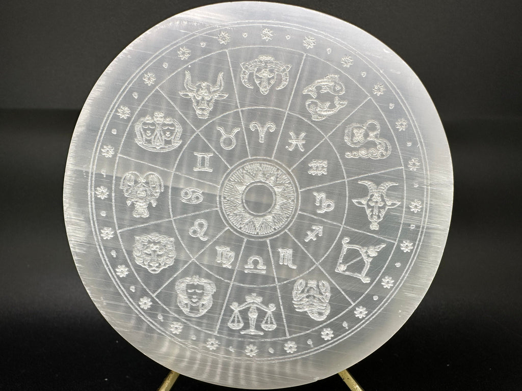 Natural Selenite Zodiac Disc (8/8cm): Engraved Crystal Decor