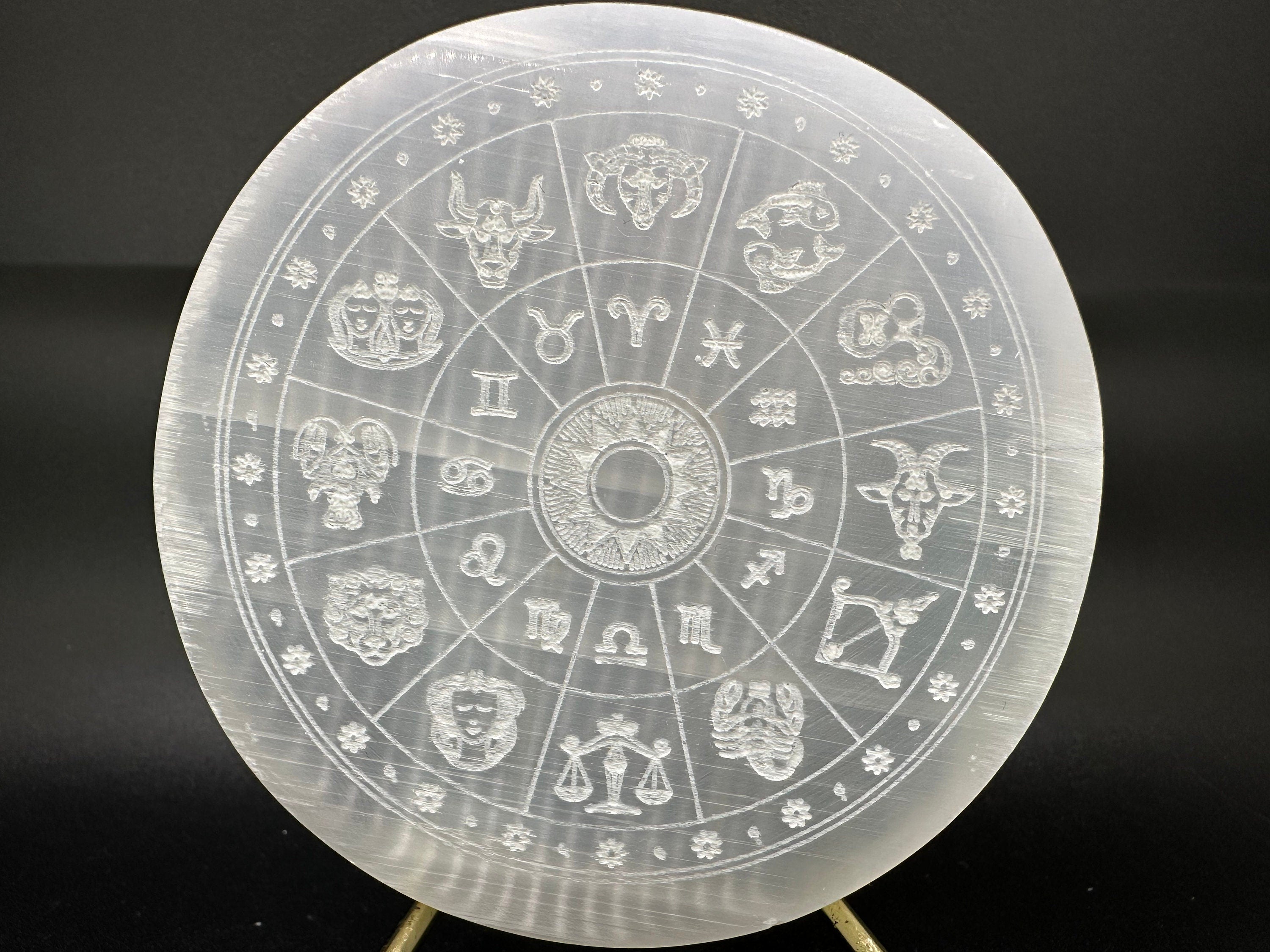 Natural Selenite Zodiac Disc (8/8cm): Engraved Crystal Decor