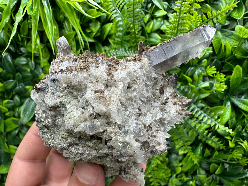 Quartz Crystal Specimen: Smoky, Clear, Chalcopyrite, Siderite, Calcite