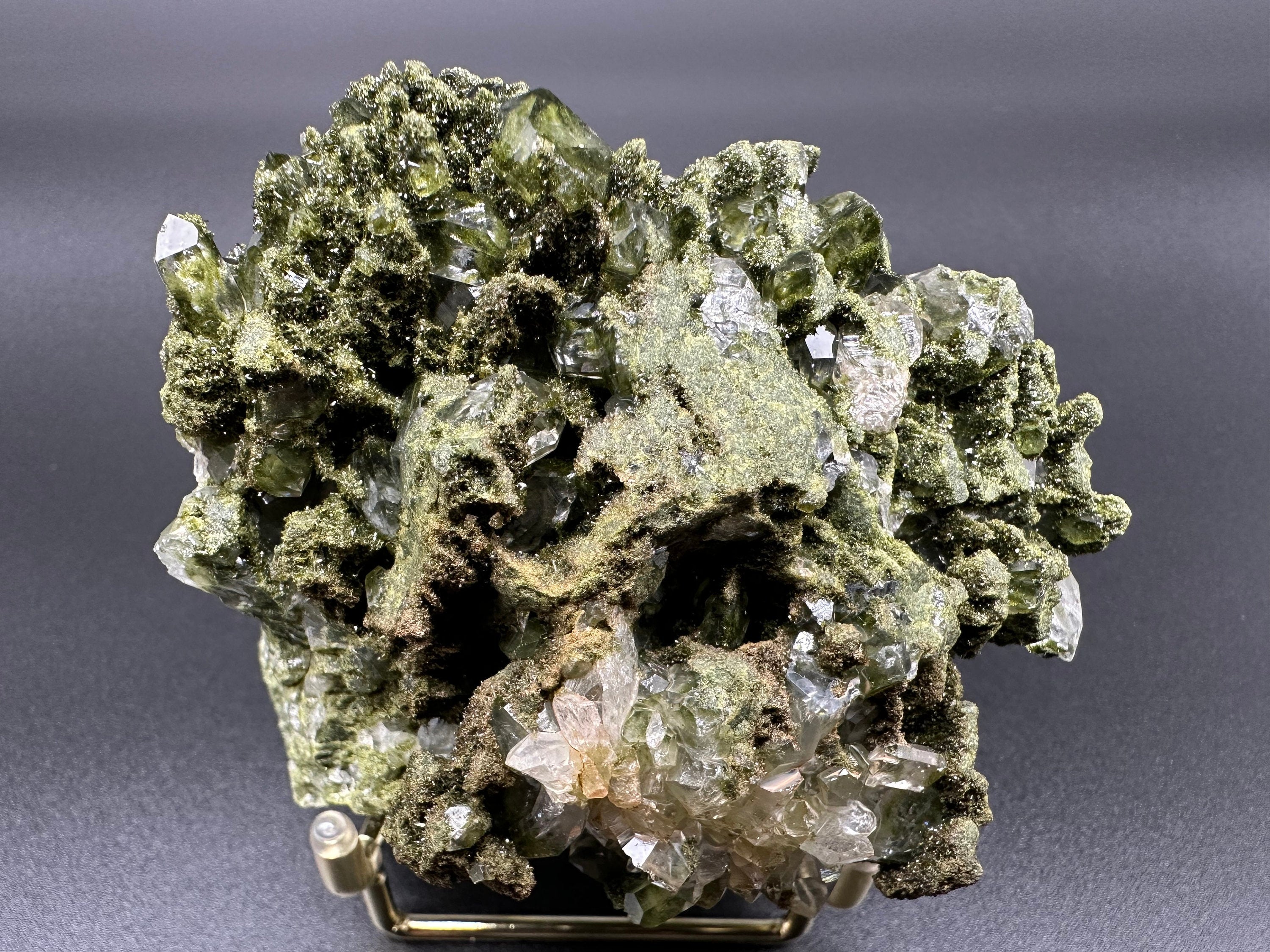 Rare Green Epidote with Quartz Crystals: Sparkly Rainbow Mineral Decor