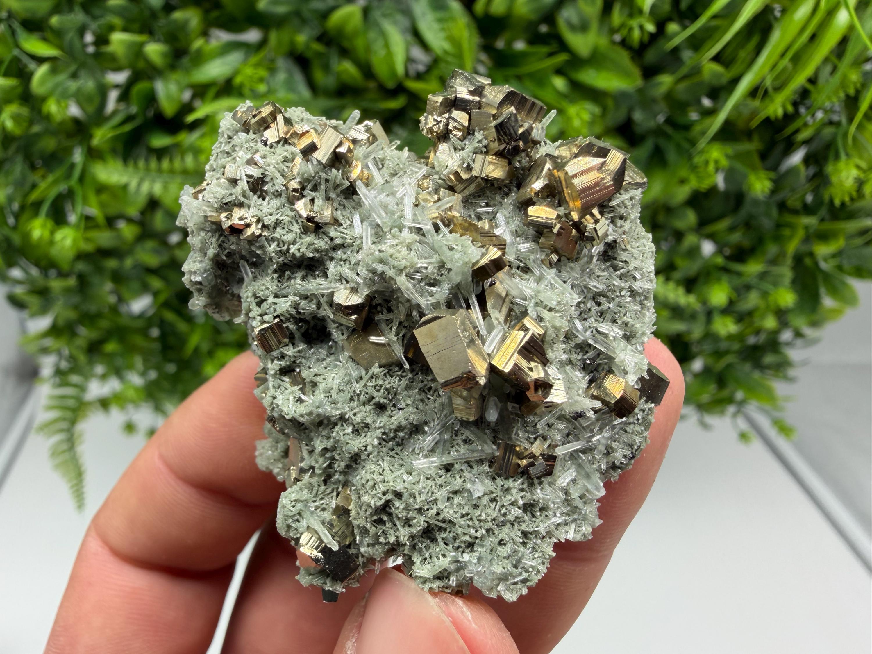 Pyrite on Green Quartz Mineral Specimen, Borieva Mine, Bulgaria