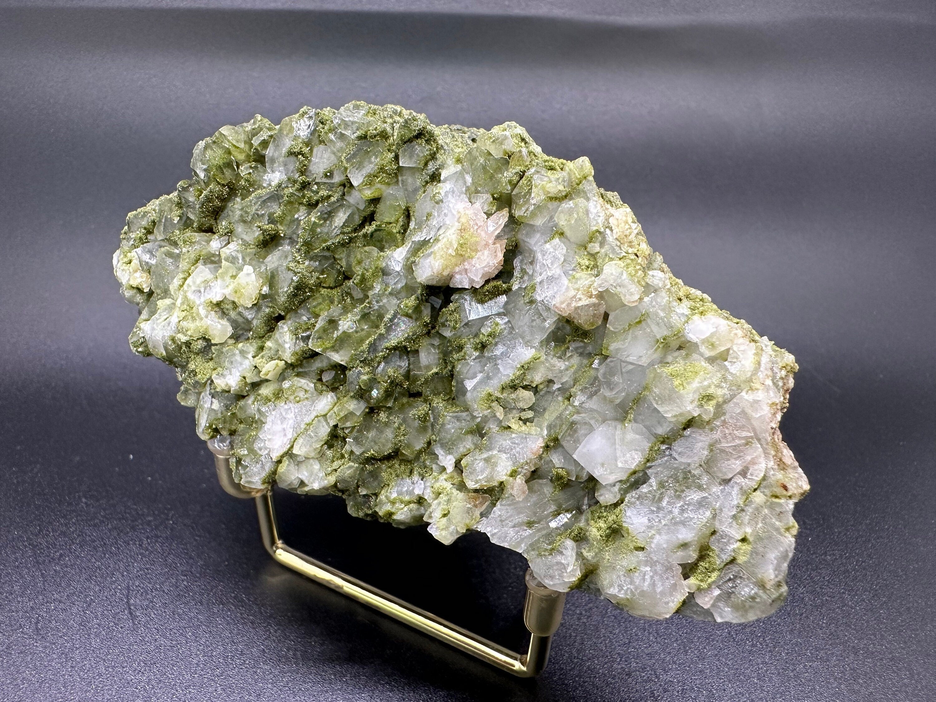 Rare Green Epidote with Quartz Crystals: Sparkly Rainbow Mineral Decor