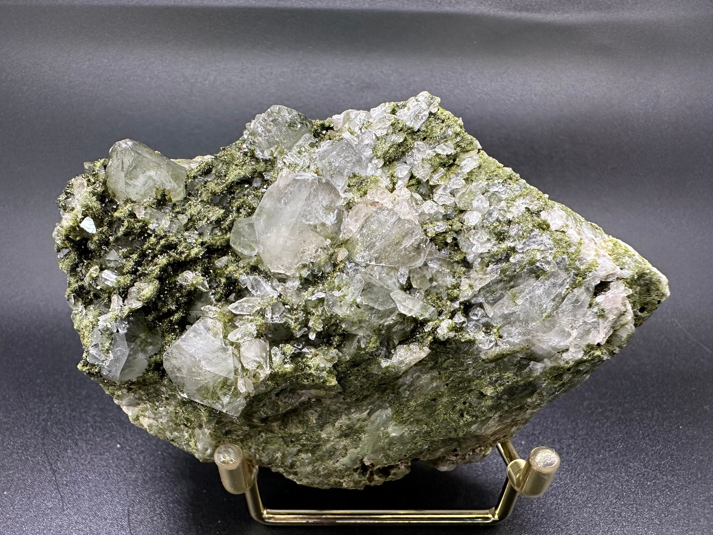 Rare Green Epidote with Quartz Crystals: Sparkly Rainbow Stone Decor