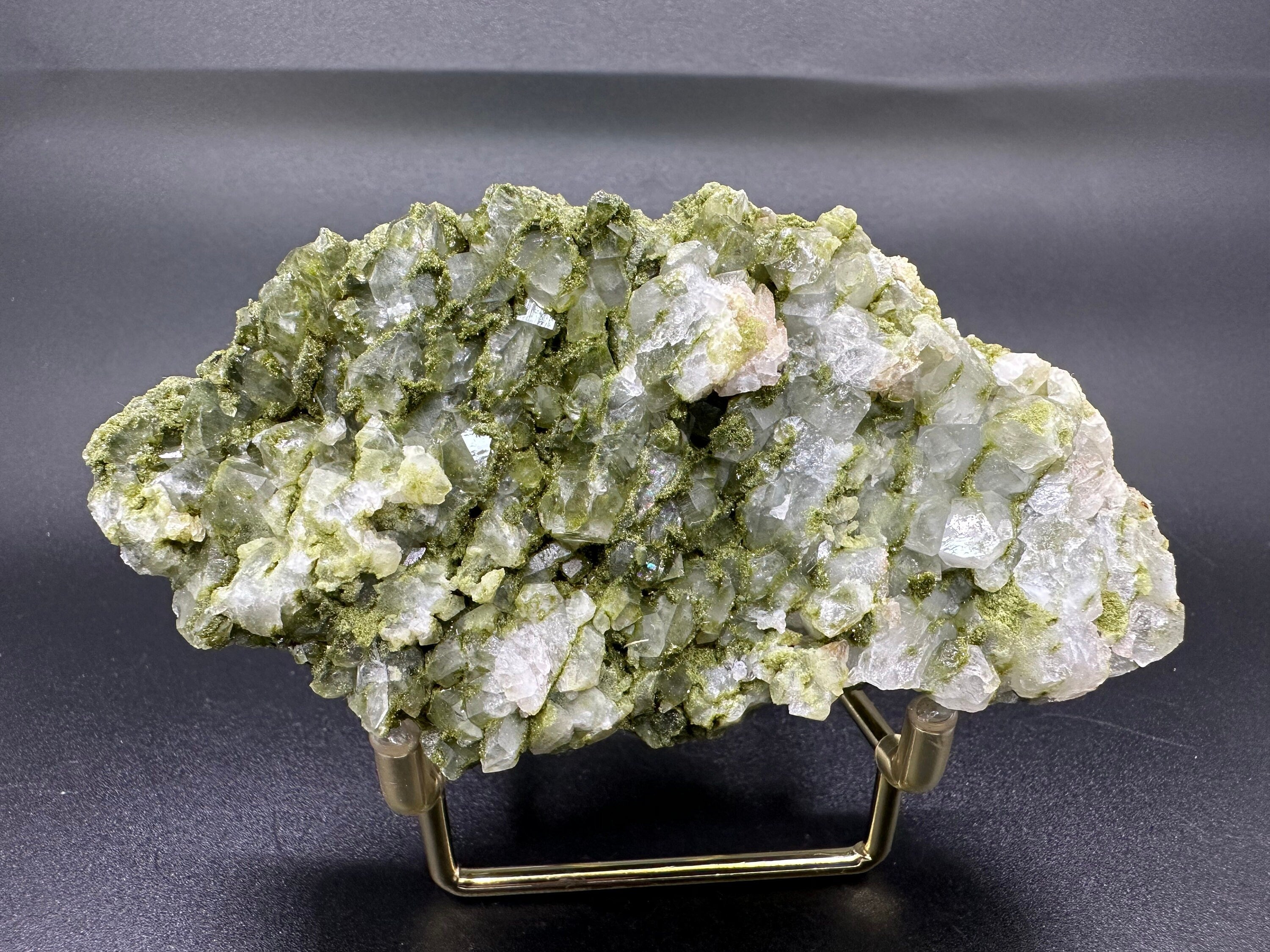 Rare Green Epidote with Quartz Crystals: Sparkly Rainbow Mineral Decor