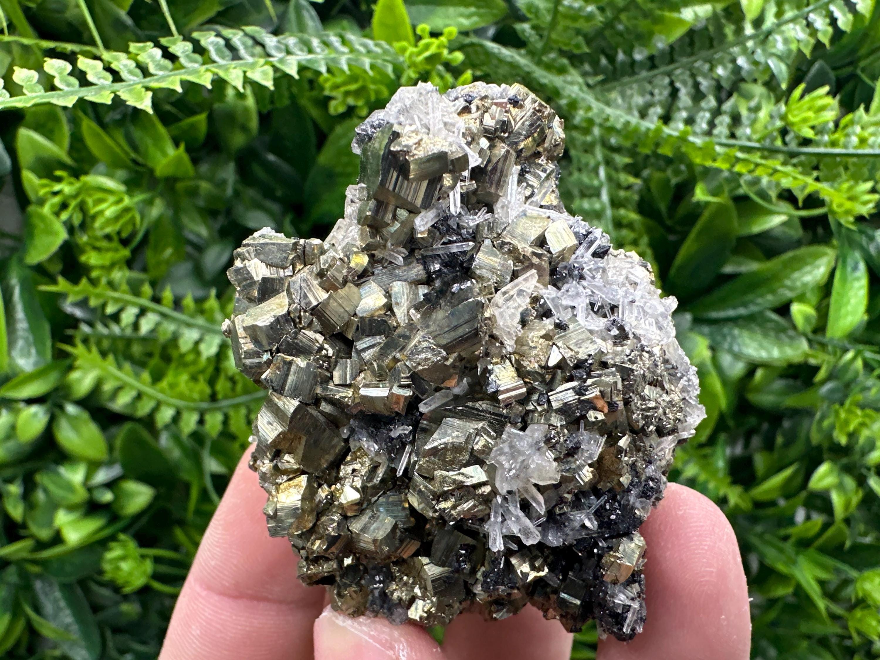 Rainbow Pyrite Cluster on Sphalerite Quartz, Bulgaria Mineral Specimen