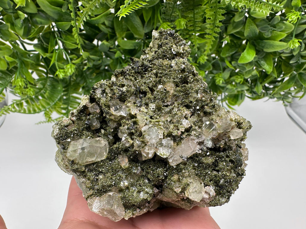 Green Epidote with Quartz Crystals: Sparkly Rainbow Mineral Decor