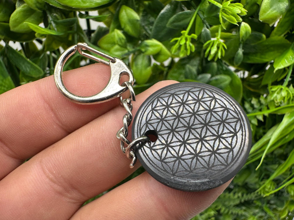 Shungite Keychain: Flower of Life Crystal Pendant, EMF Protection