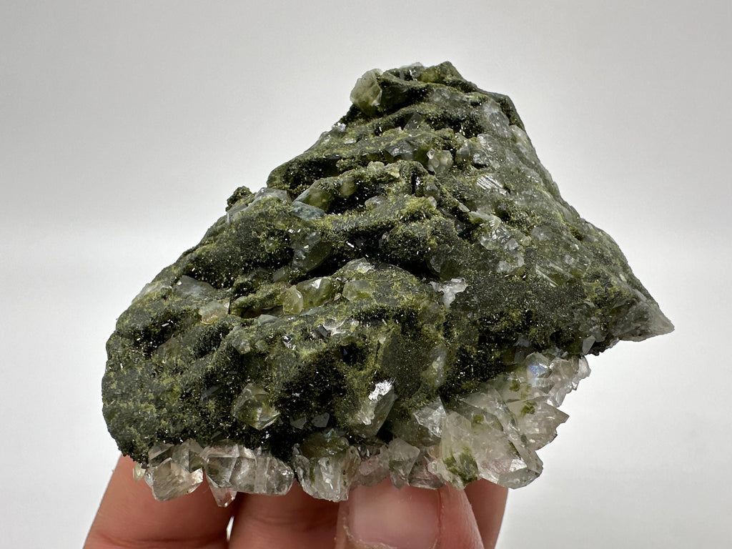 Rare Green Epidote with Quartz Crystals: Sparkly Rainbow Mineral Decor
