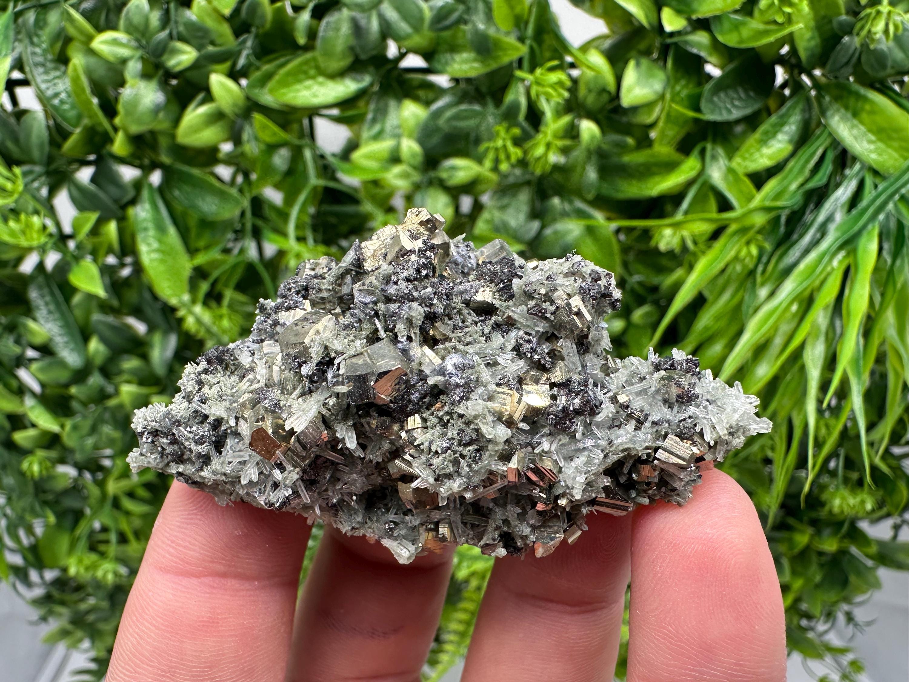 Pyrite on Green Quartz Mineral Specimen, Borieva Mine, Bulgaria