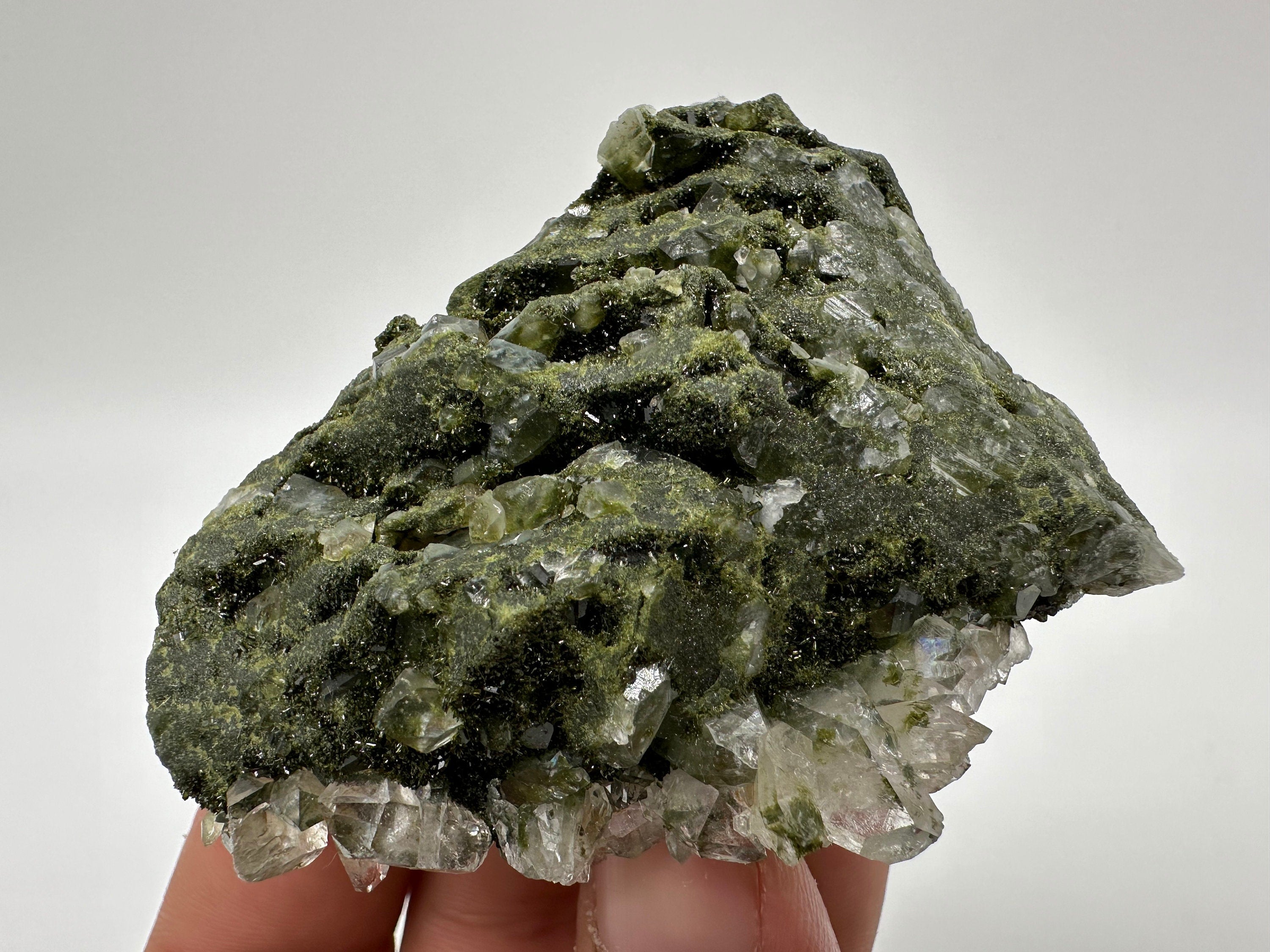 Rare Green Epidote with Quartz Crystals: Sparkly Rainbow Mineral Decor