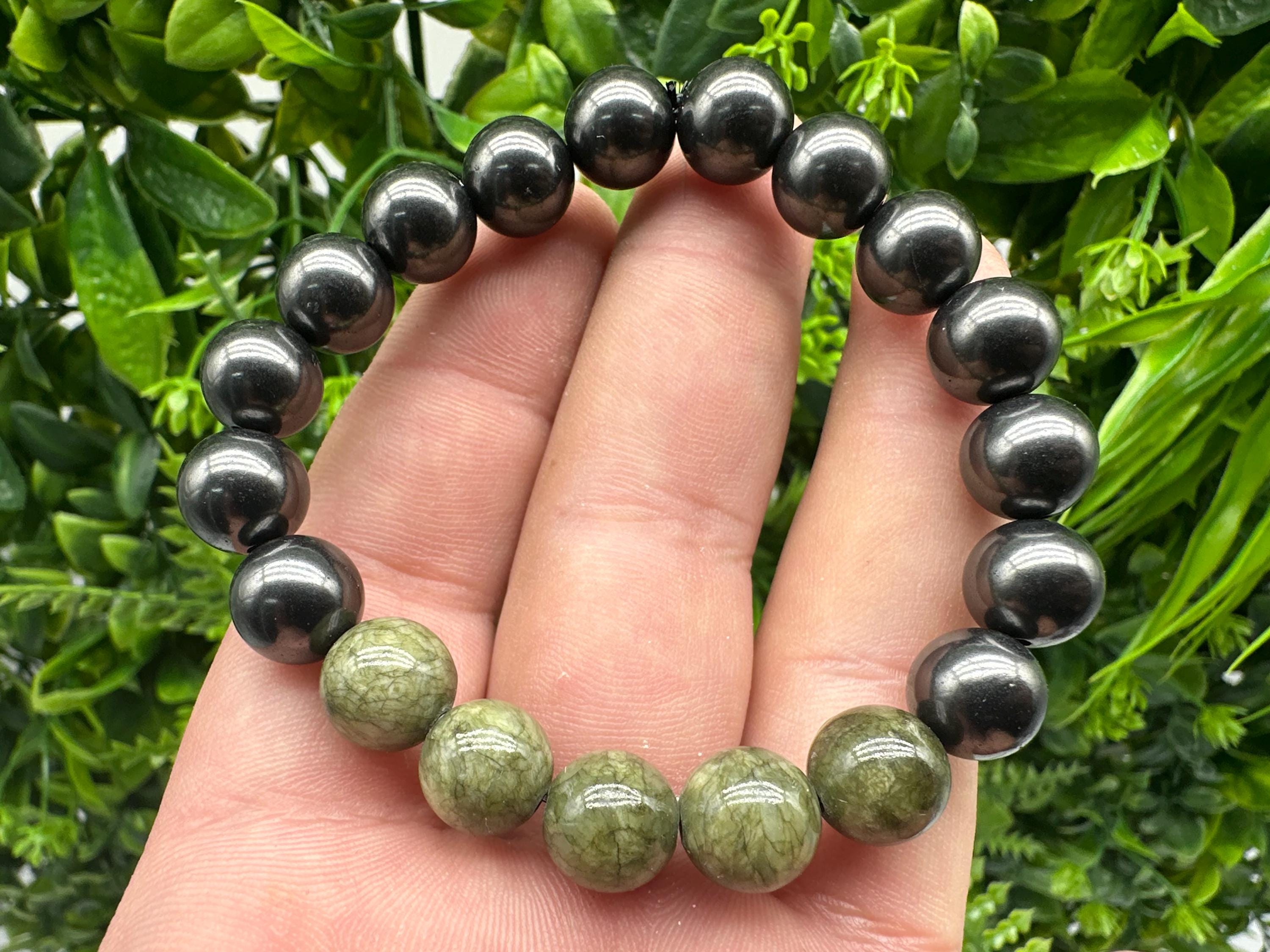 Shungite Jade Bracelet: 10mm Gemstone Beaded Bracelet, EMF Protection