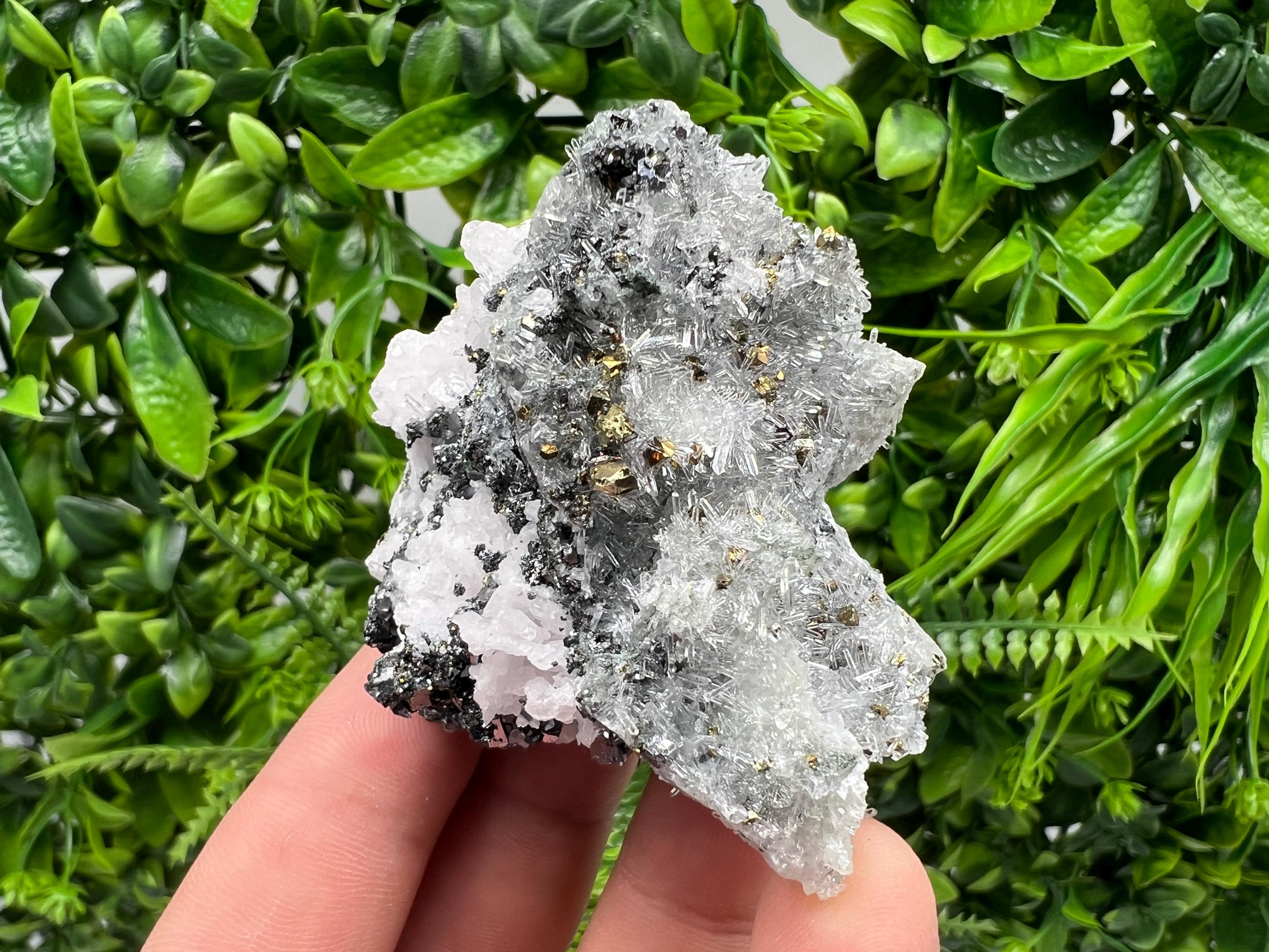 Stunning Cgalcopyrite,Galena,Sphalerite,Calcite,on needle Quartz from Borieva mine,Madan,Bulgaria,natural,collectible mineral specimen,gift