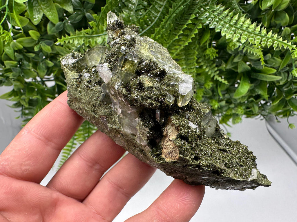 Rare Green Epidote with Quartz Crystals: Sparkly Rainbow Stone Decor