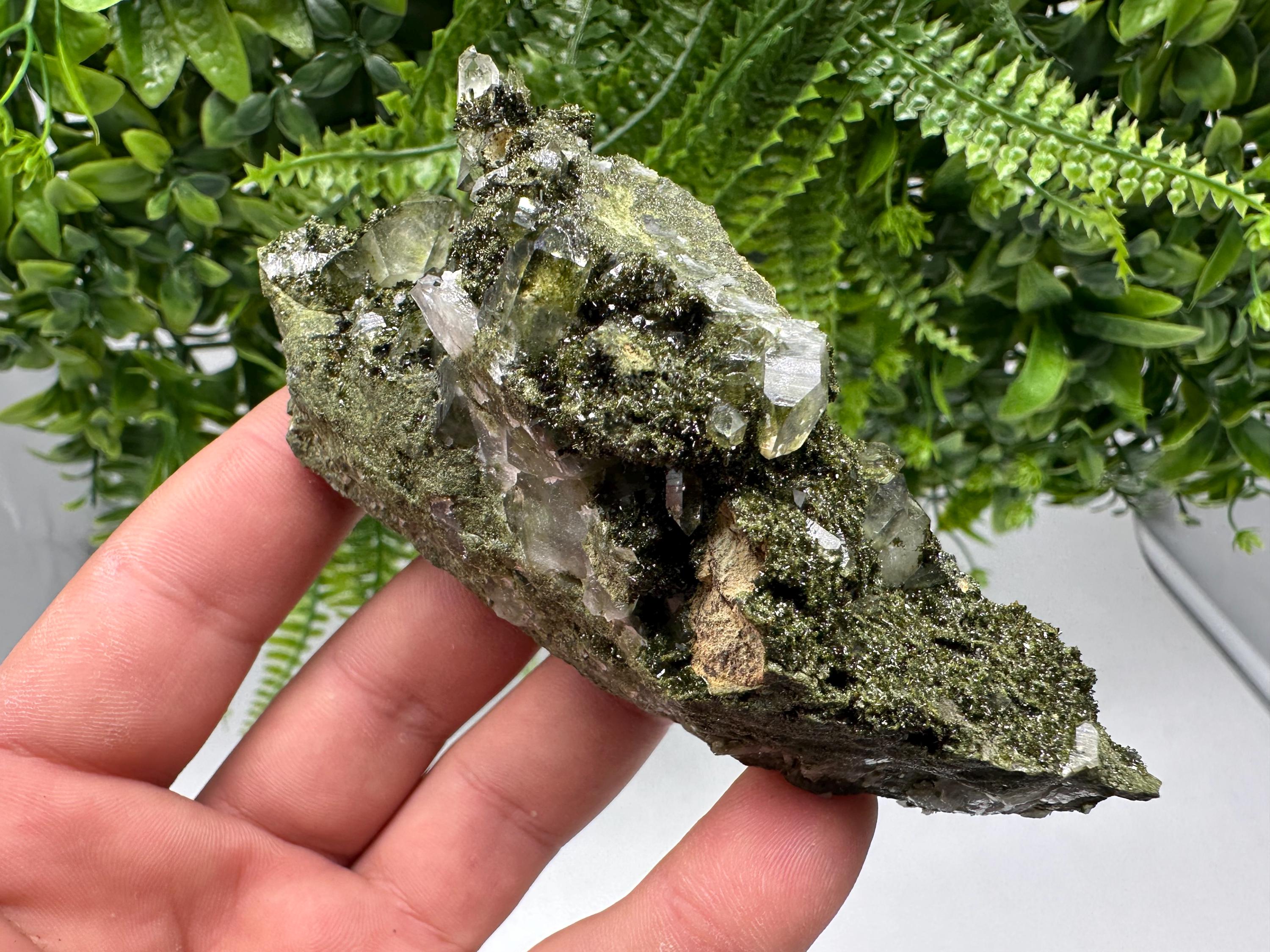 Rare Green Epidote with Quartz Crystals: Sparkly Rainbow Stone Decor