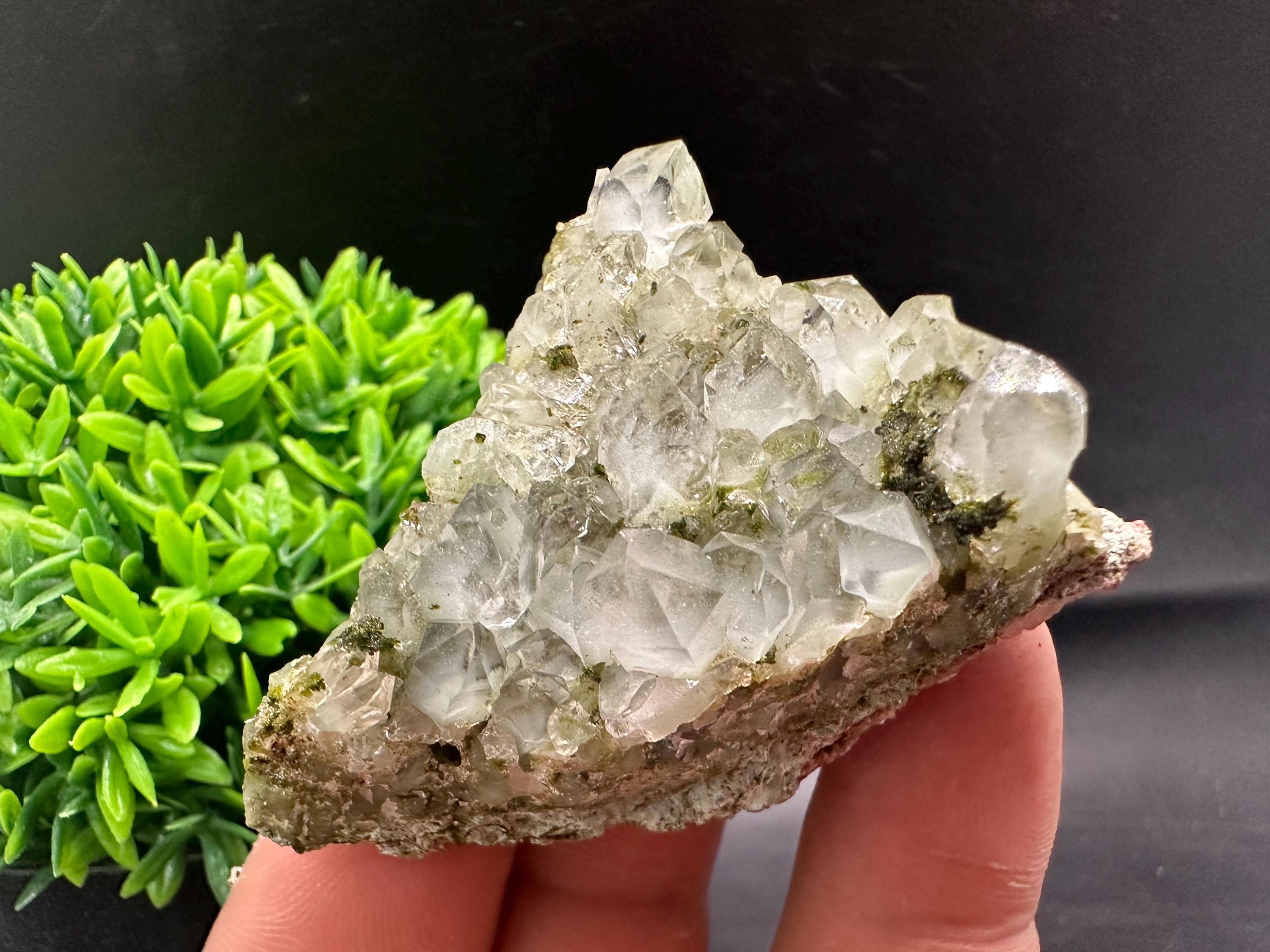 Rare Green Epidote with Quartz Crystals: Sparkly Rainbow Mineral Decor