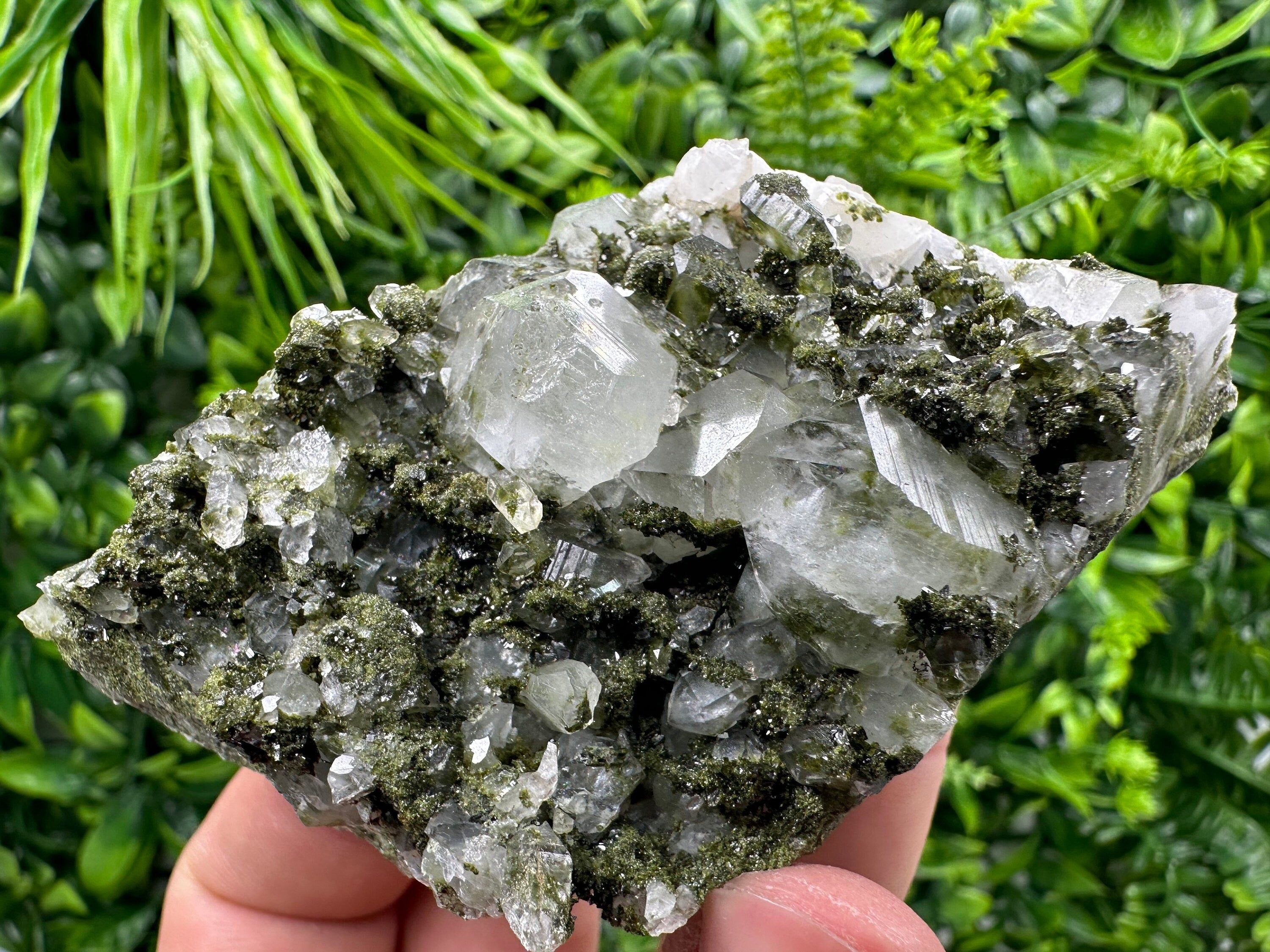 Rare Green Epidote with Quartz Crystals: Sparkly Rainbow Mineral Decor