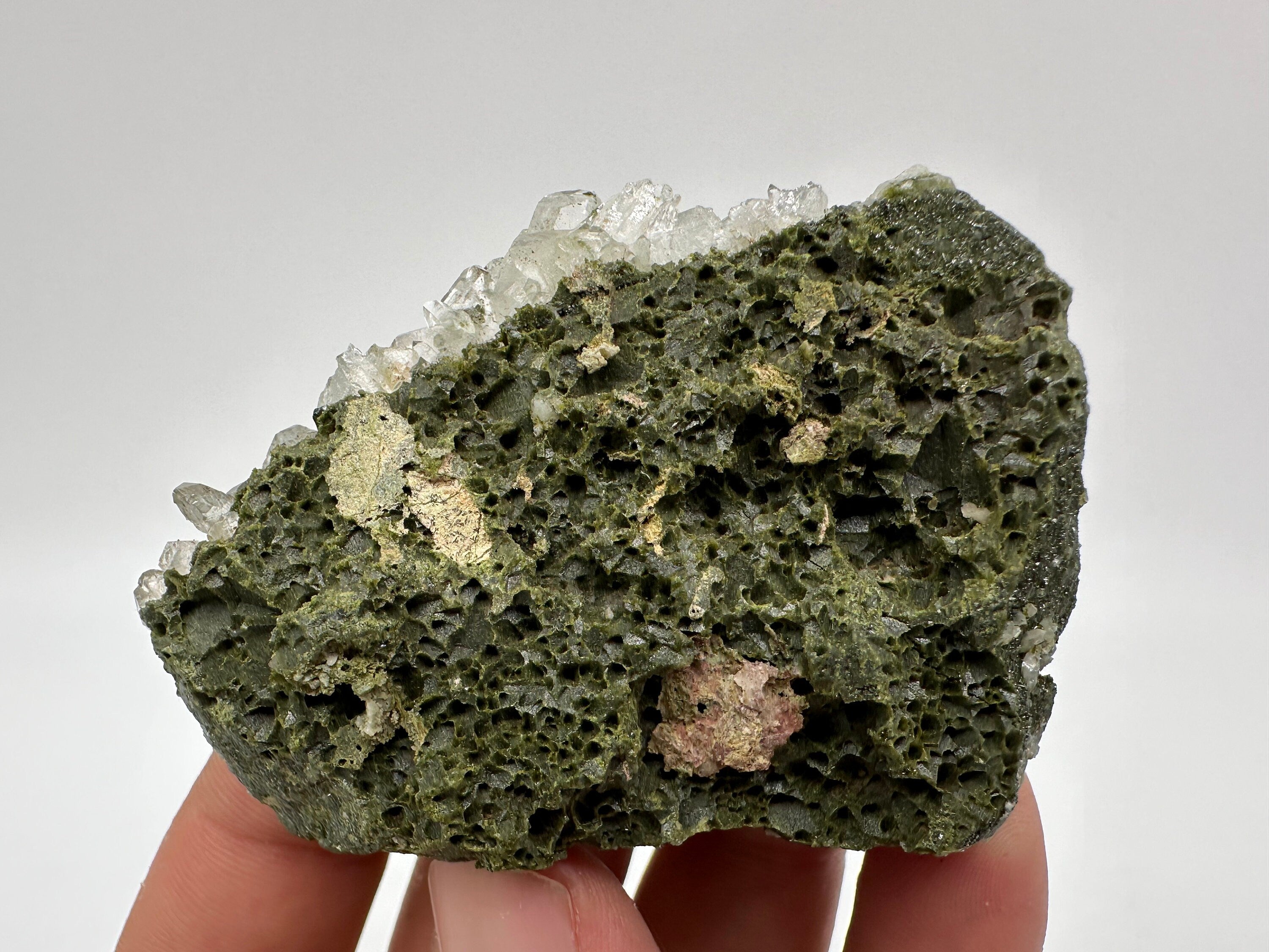 Rare Green Epidote with Quartz Crystals: Sparkly Rainbow Mineral Decor