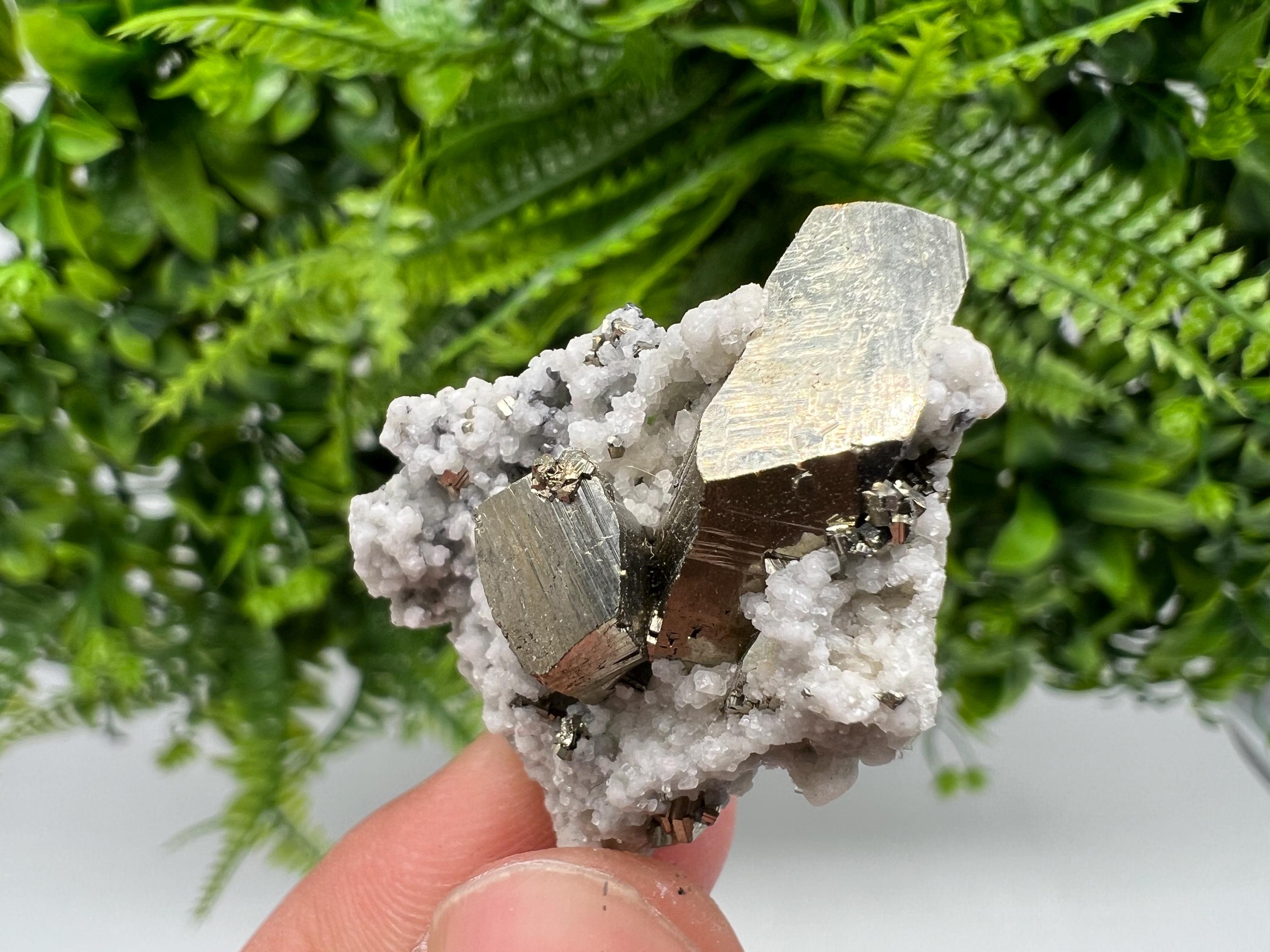 Pyrite on Quartz, Calcite, Bulgarian Mineral Specimen