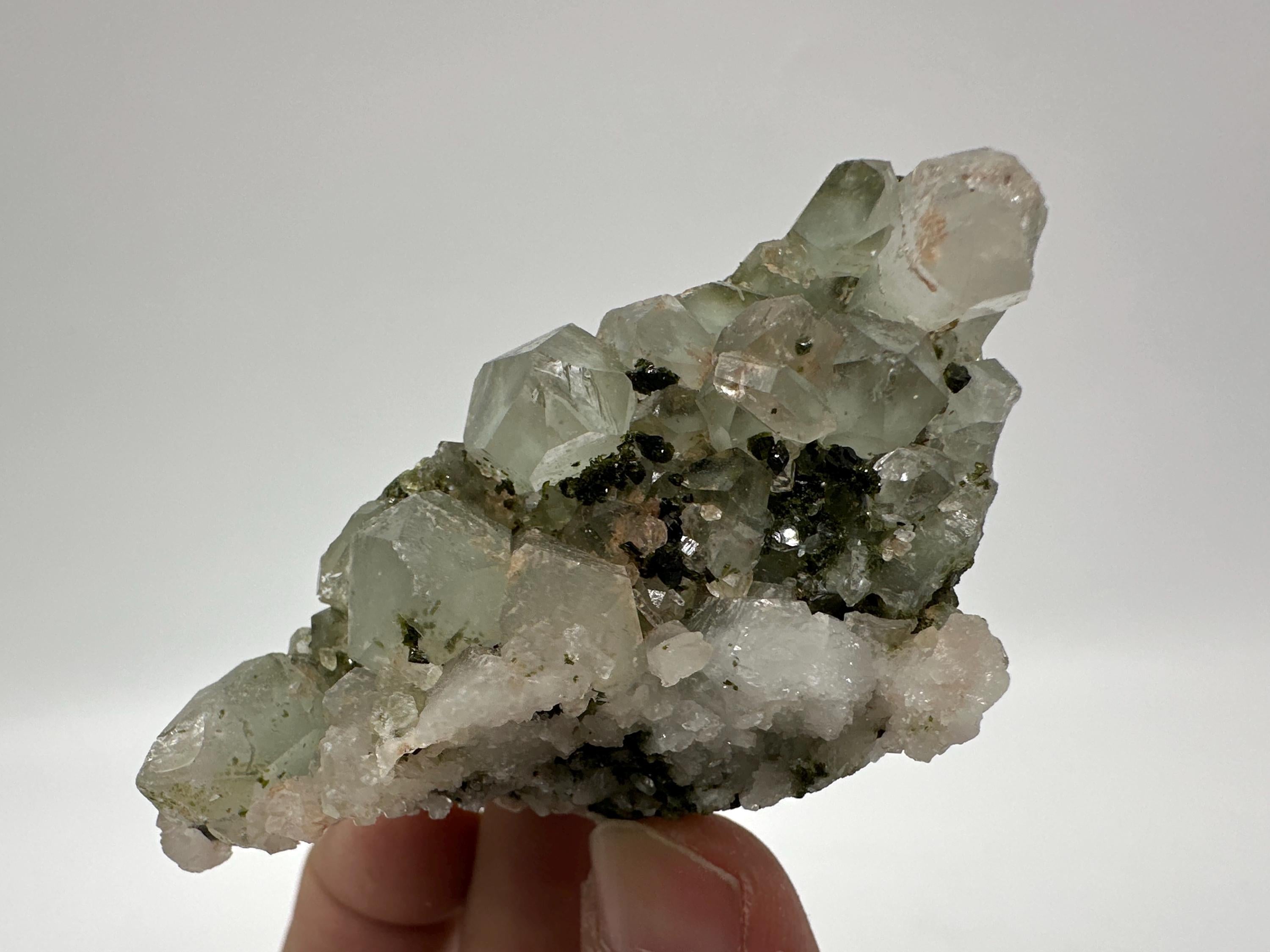 Rare Green Epidote with Quartz Crystals: Sparkly Rainbow Mineral Decor