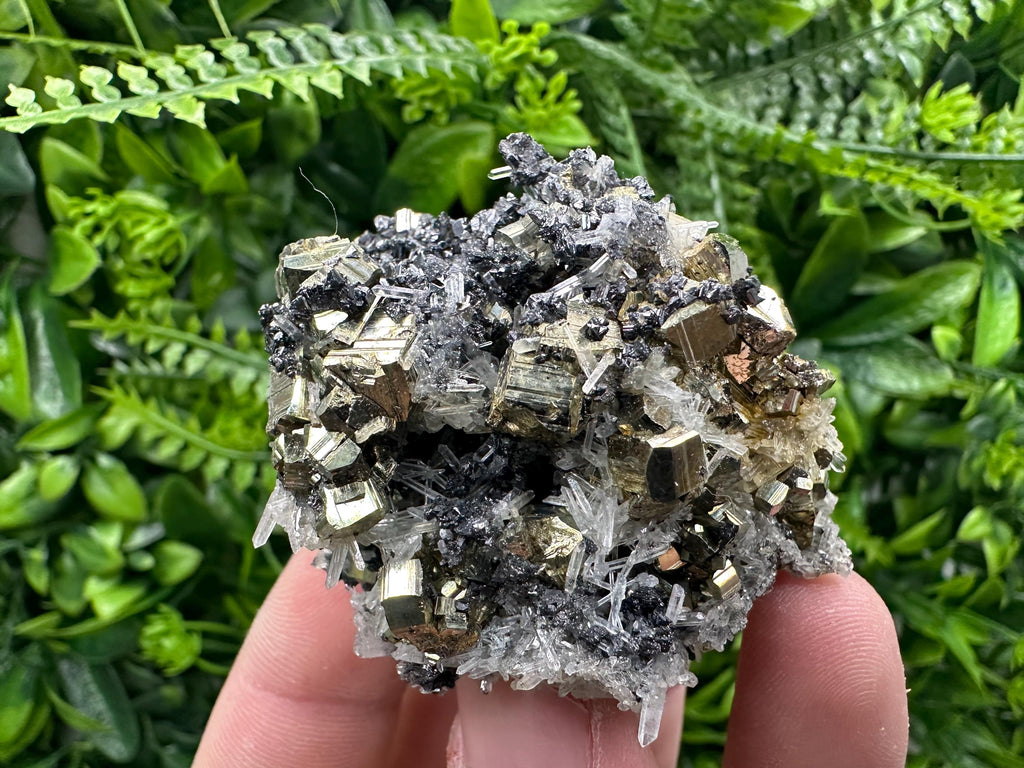 Rainbow Pyrite Cluster on Sphalerite Quartz, Borieva Mine Mineral Specimen