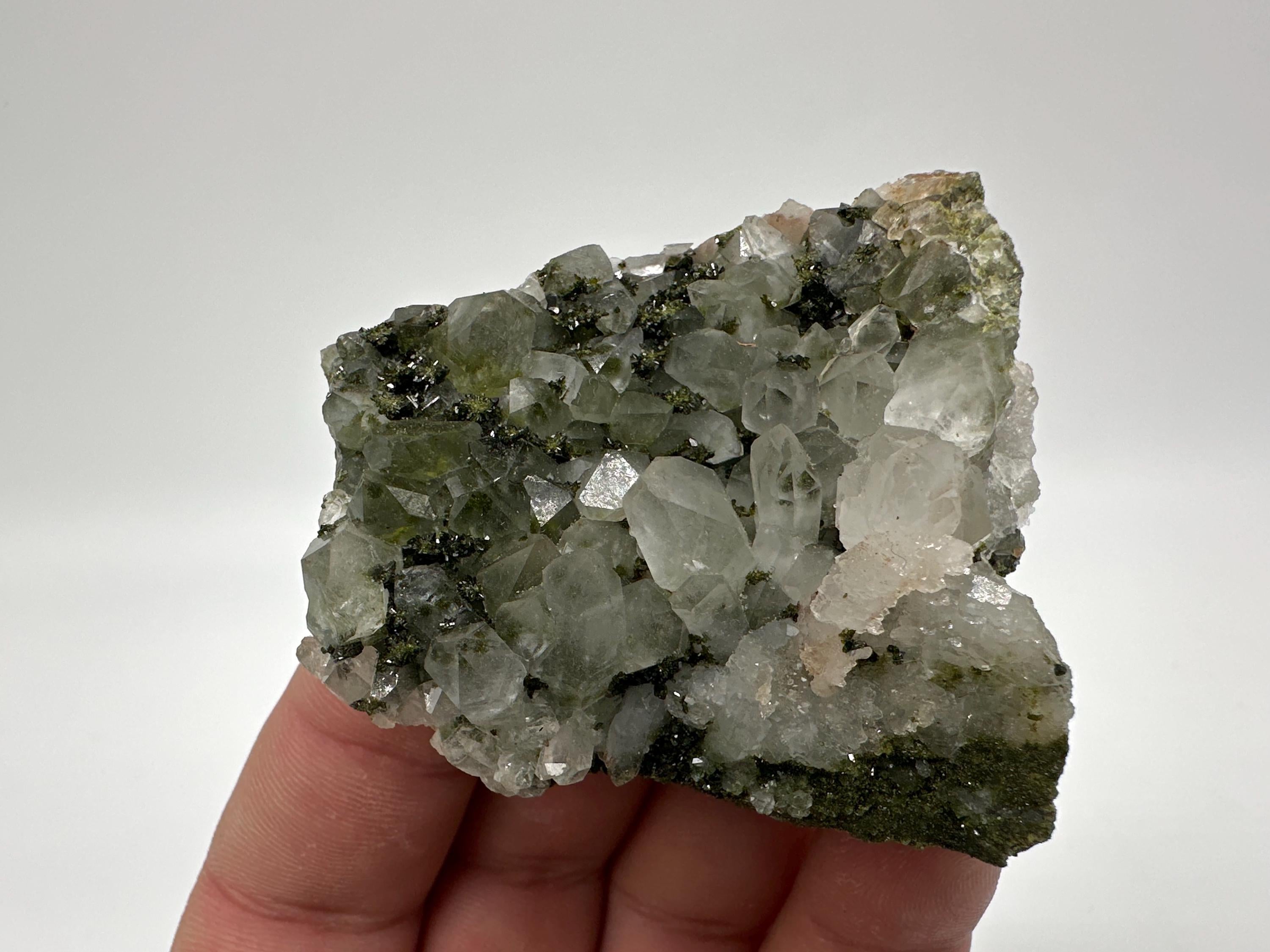 Rare Green Epidote with Quartz Crystals: Sparkly Rainbow Mineral Decor
