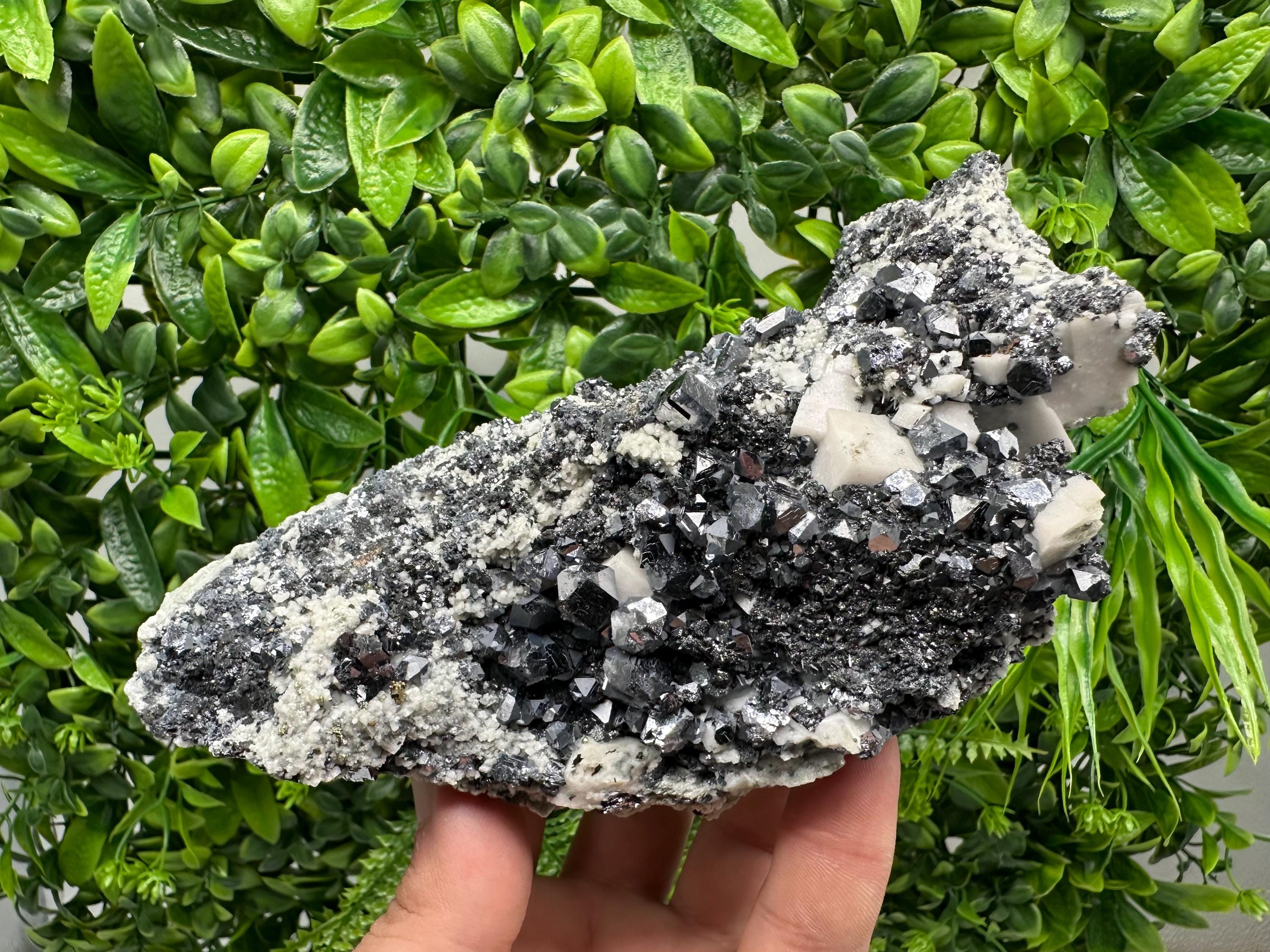 Aesthetic Shiny Galena,Chalcopyrite on Calcite and Quartz natural collection stone,rare minerals,gift,souvenir,home decor Borieva Bulgaria