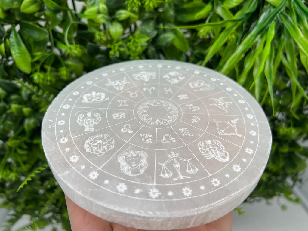Engraved Selenite Zodiac Disc: Energy Crystal Healing Decor (14cm)