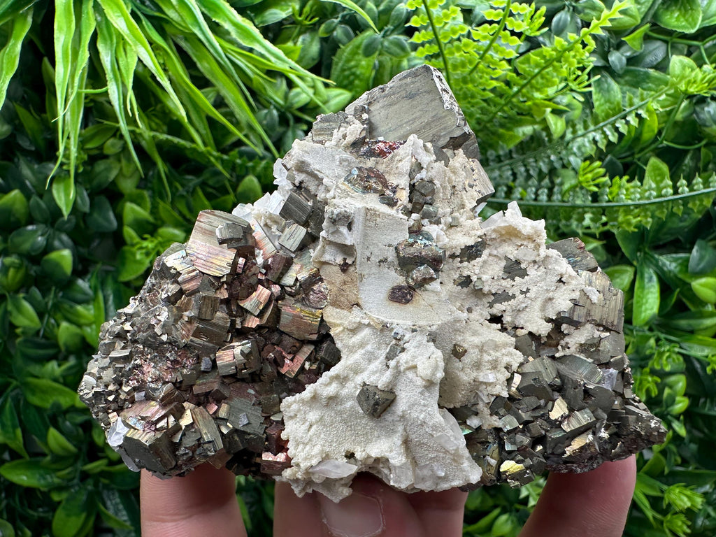 Rainbow Pyrite Cluster with Calcite - Borieva Mine, Bulgaria