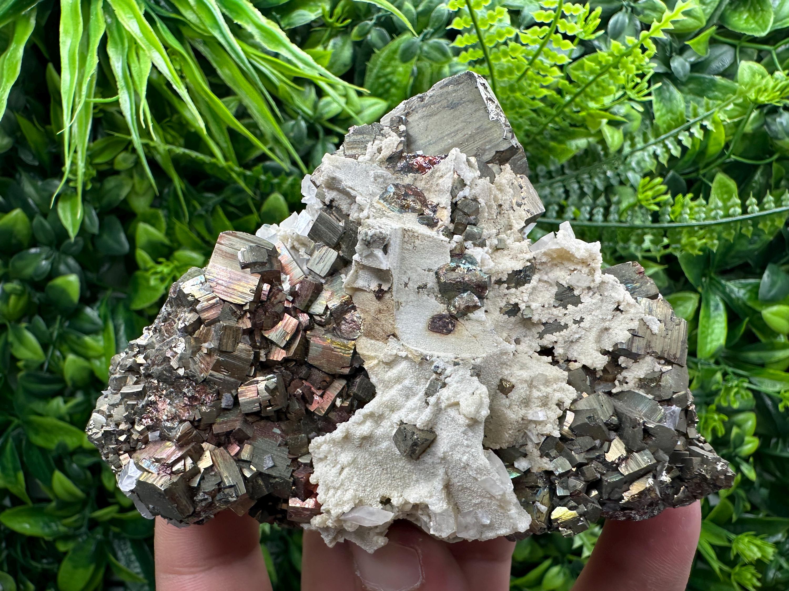 Rainbow Pyrite Cluster with Calcite - Borieva Mine, Bulgaria